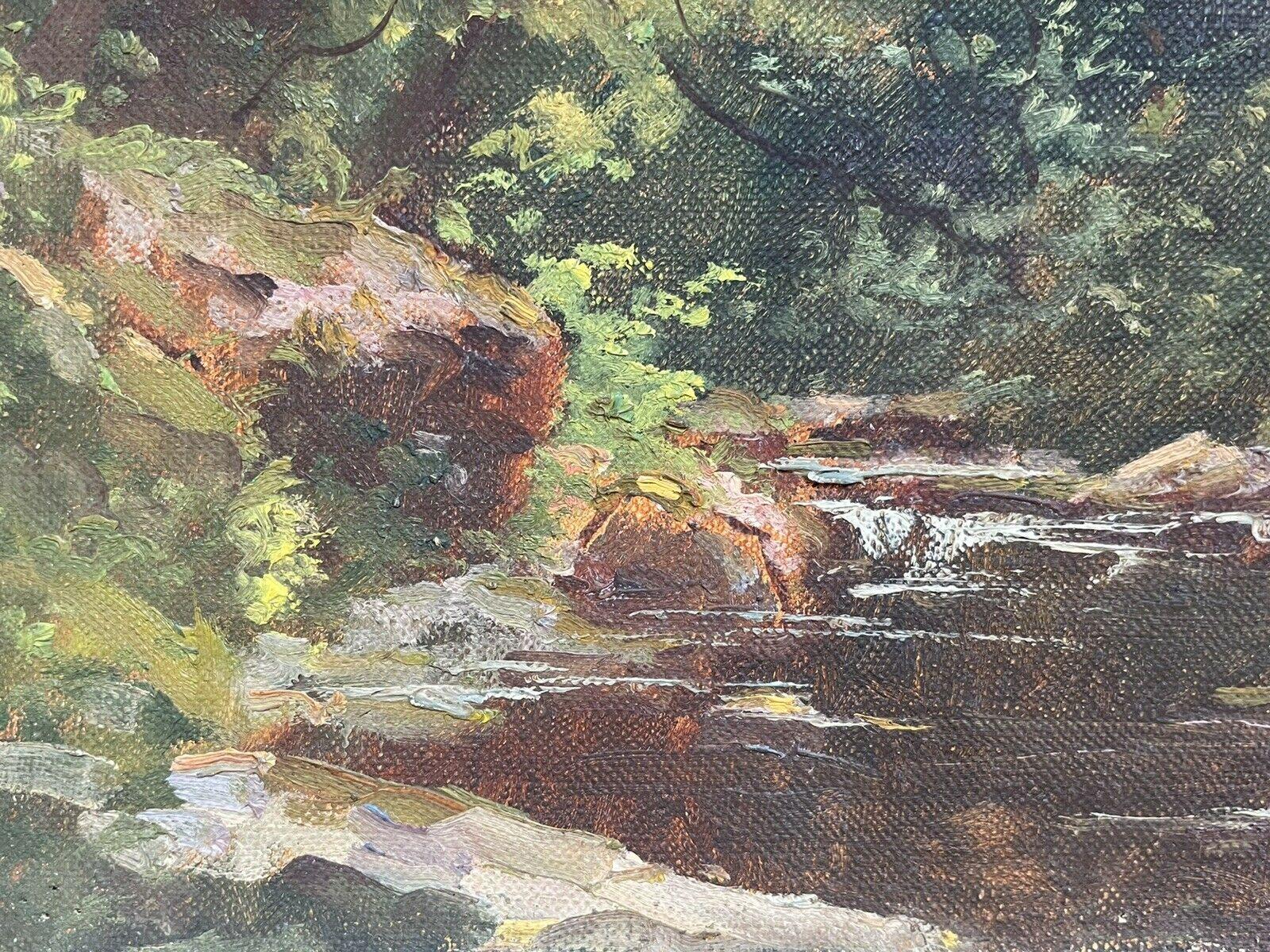 Antique French Impressionist Oil Painting En Plein Air Dappled Light River - Gray Landscape Painting by CHARLES CURTELIN (FRENCH 1859-1912