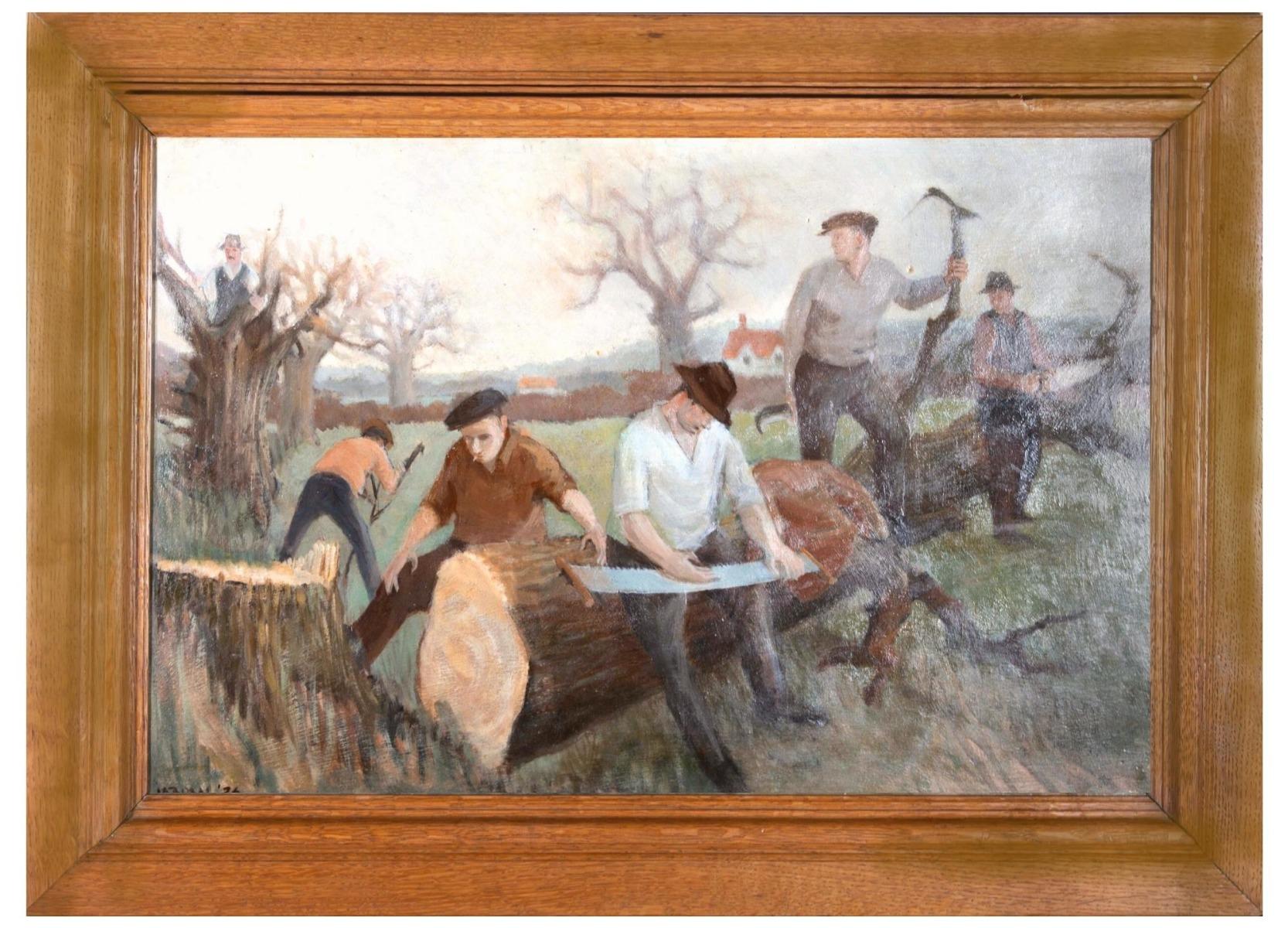 A truly striking, early 20th Century arabal scene in oil showing a group of tree cutters hard at work felling and dissecting an old tree. The scene is captured in muted tones with many angular lines and points of interest, creating an honest and