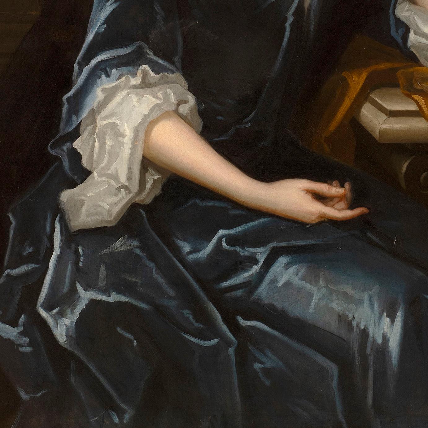 Charles d'Agar (1669-1723) (attrib.)  
Portrait d'une dame en veuvage, de trois-quarts, assise dans un décor architectural
Huile sur toile
Dans un cadre original sculpté et doré de Lely
125,2 x 101,7 cm ; (dans le cadre) 143,8 x 119,8