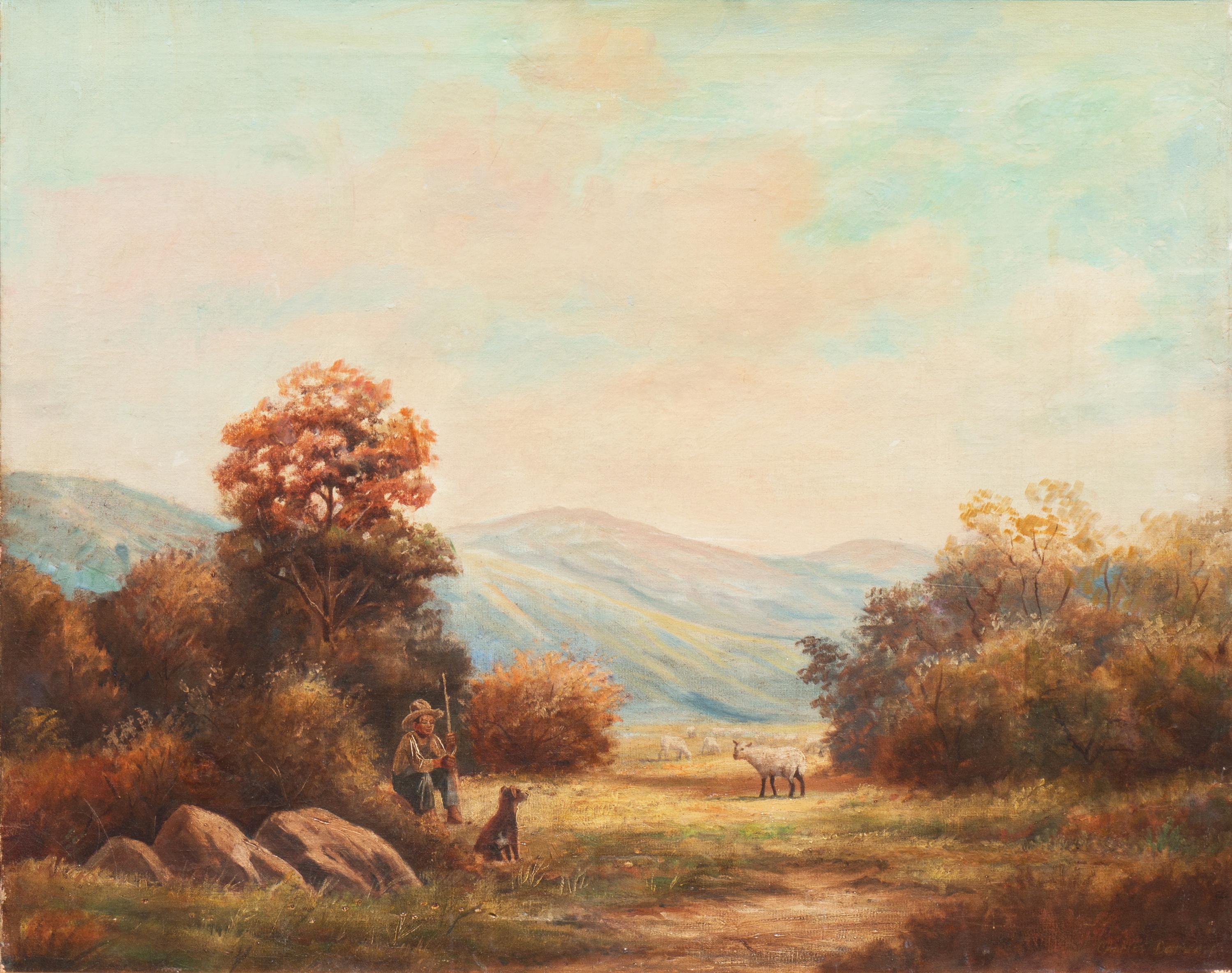 'The Mid-Day Rest', Western American Landscape oil, Who Was Who in American Art - Painting by Charles Damrow