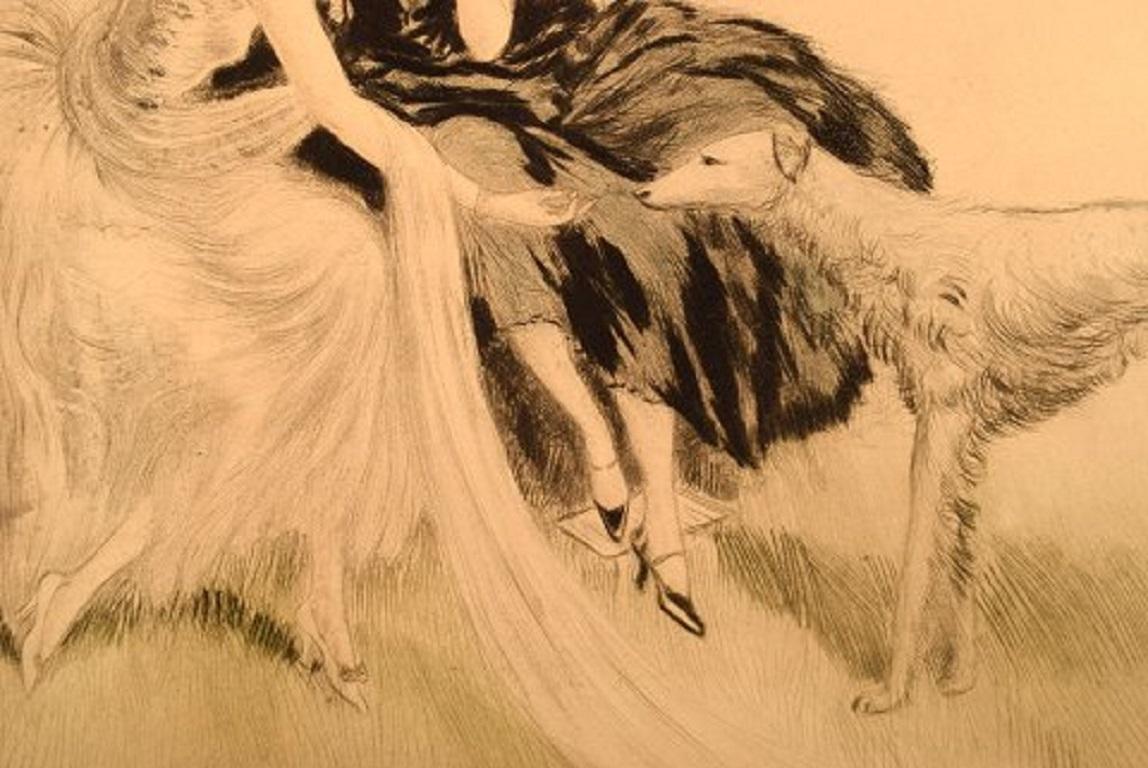 Art Deco Charles Dana Gibson, American Illustrator, Two Ladies and a Dog For Sale