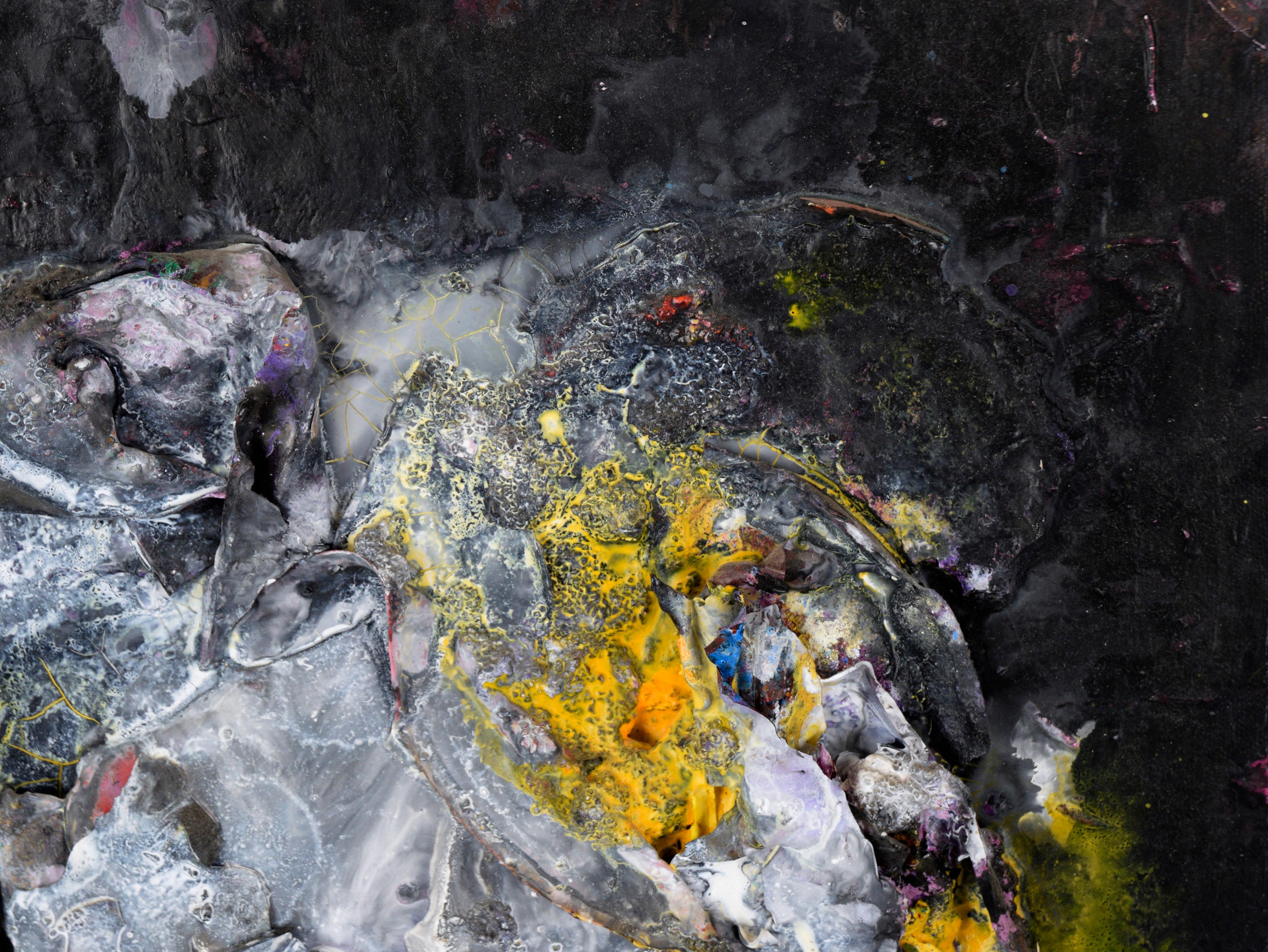 Black, White and Yellow - Abstract Expressionist Assemblage in Acrylic on Canvas - Painting by Charles David Francis