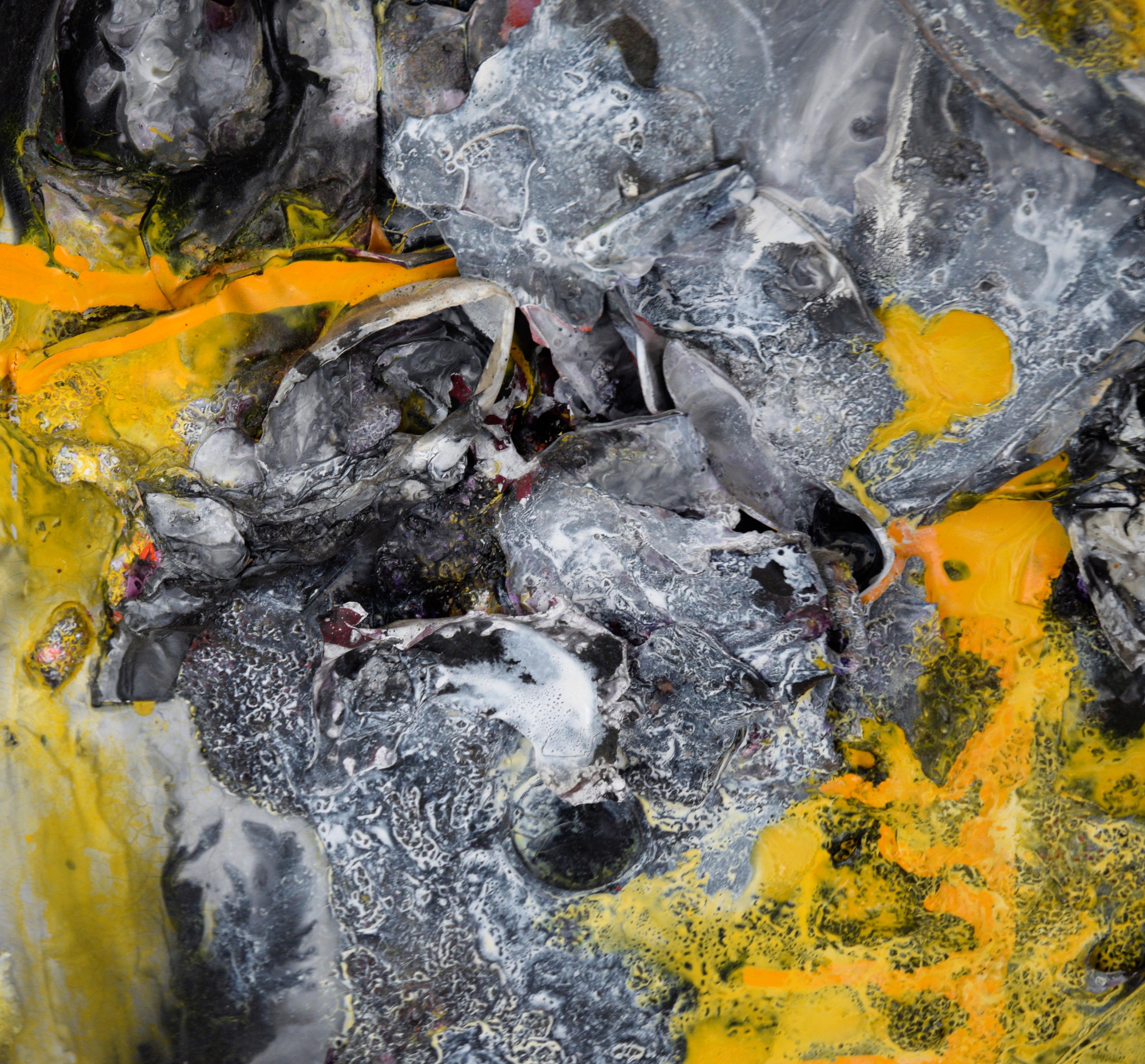 Black, White and Yellow - Abstract Expressionist Assemblage in Acrylic on Canvas For Sale 1