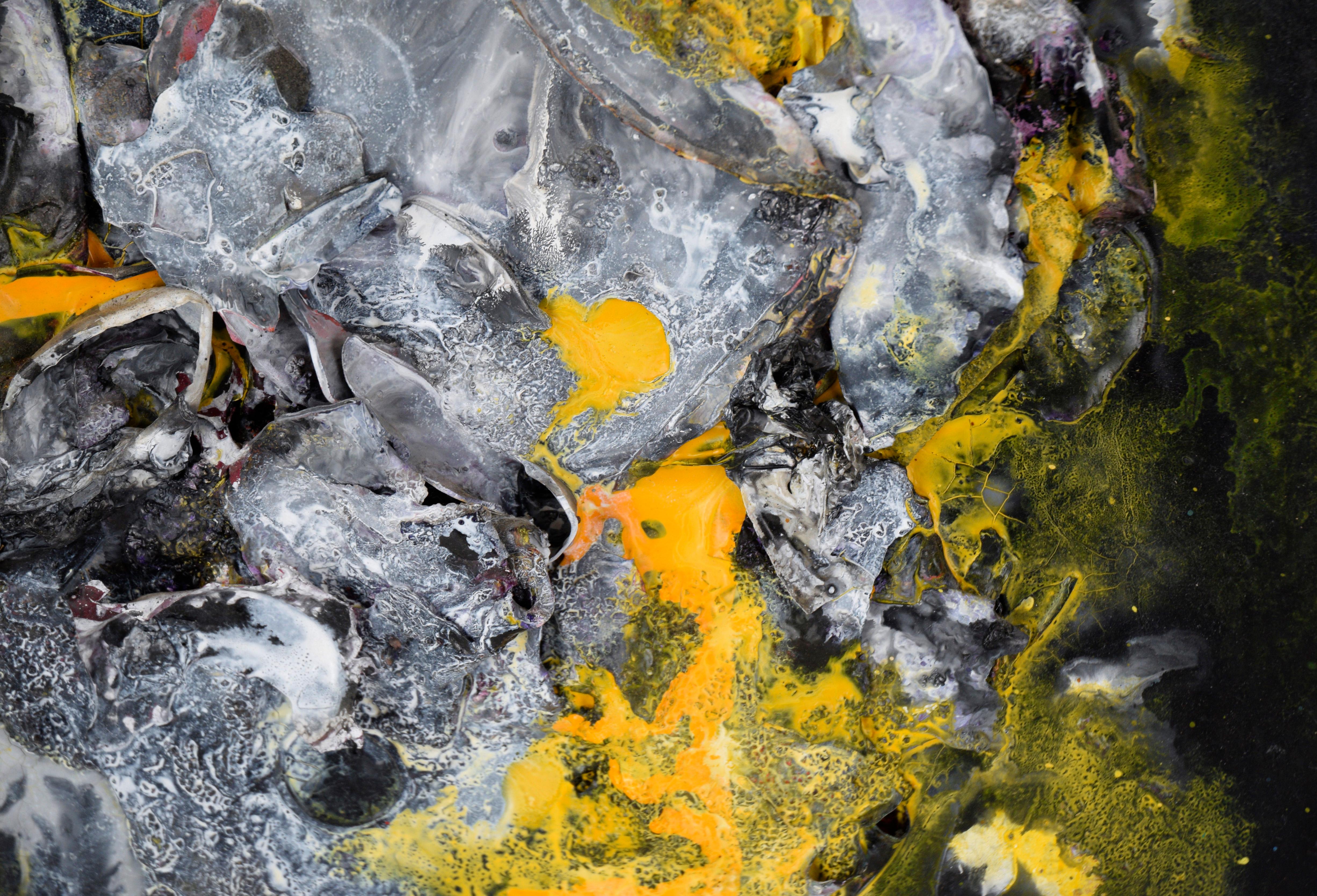 Black, White and Yellow - Abstract Expressionist Assemblage in Acrylic on Canvas For Sale 2