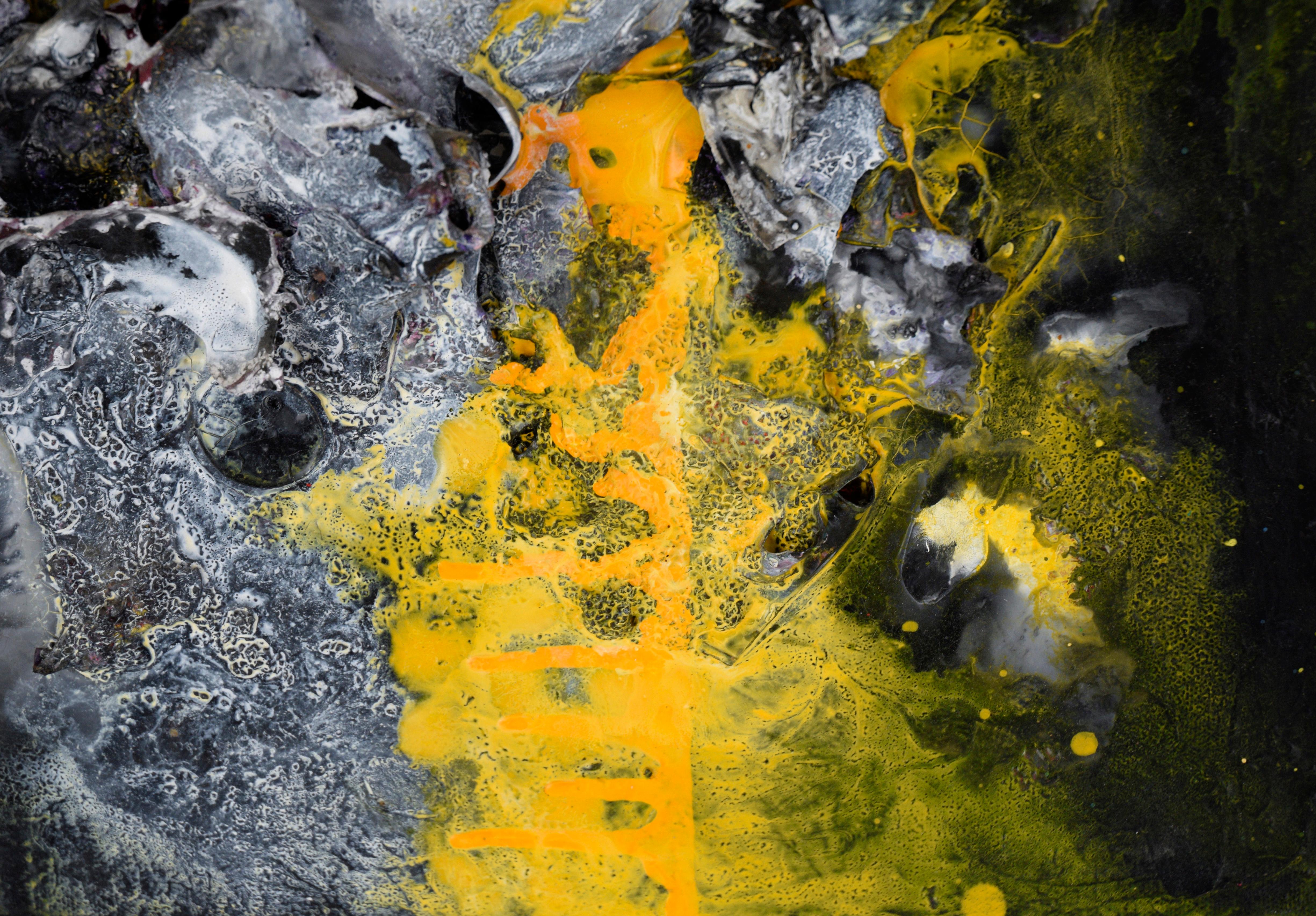 Black, White and Yellow - Abstract Expressionist Assemblage in Acrylic on Canvas For Sale 3