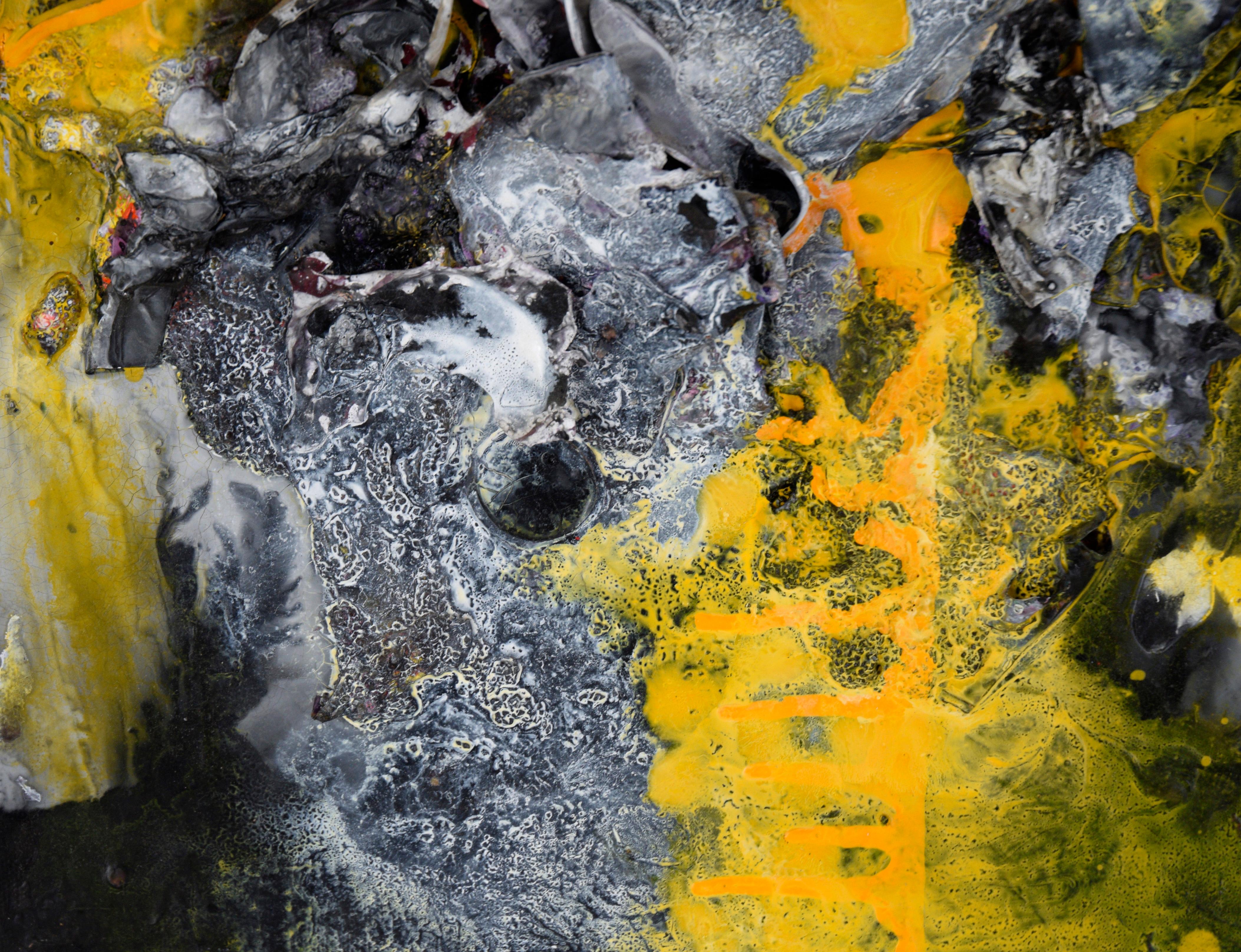 Black, White and Yellow - Abstract Expressionist Assemblage in Acrylic on Canvas For Sale 4