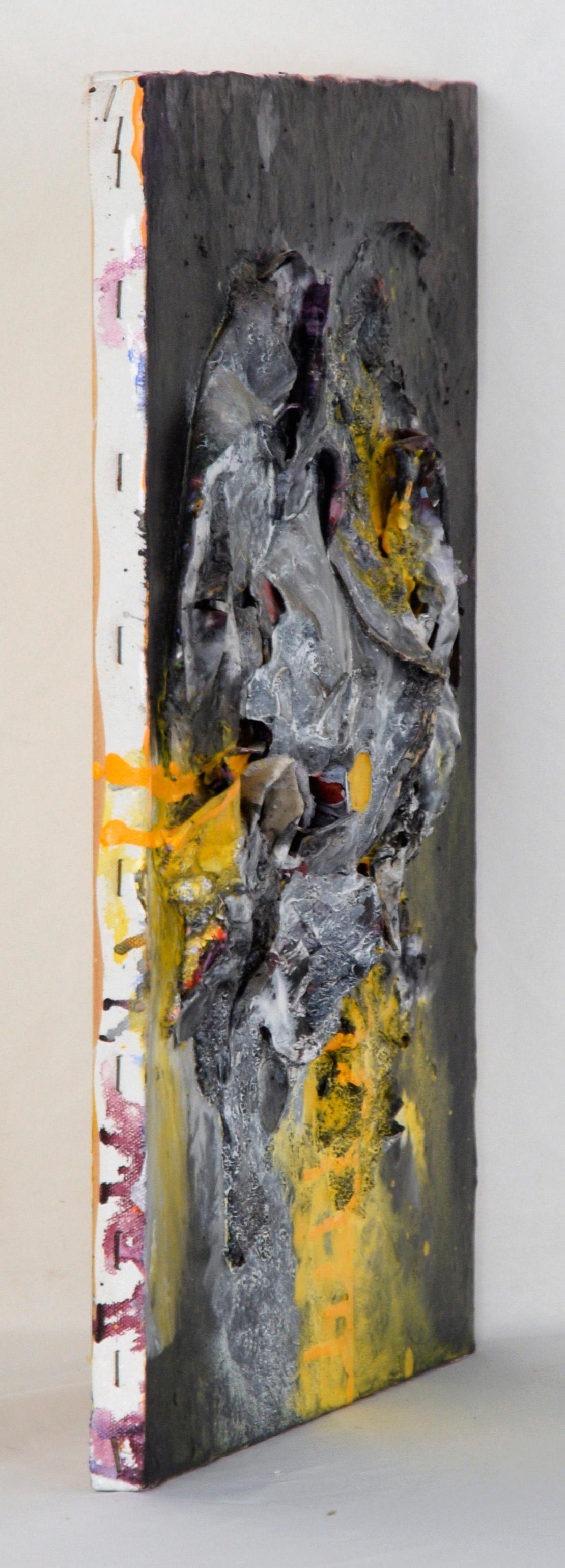 Black, White and Yellow - Abstract Expressionist Assemblage in Acrylic on Canvas For Sale 6