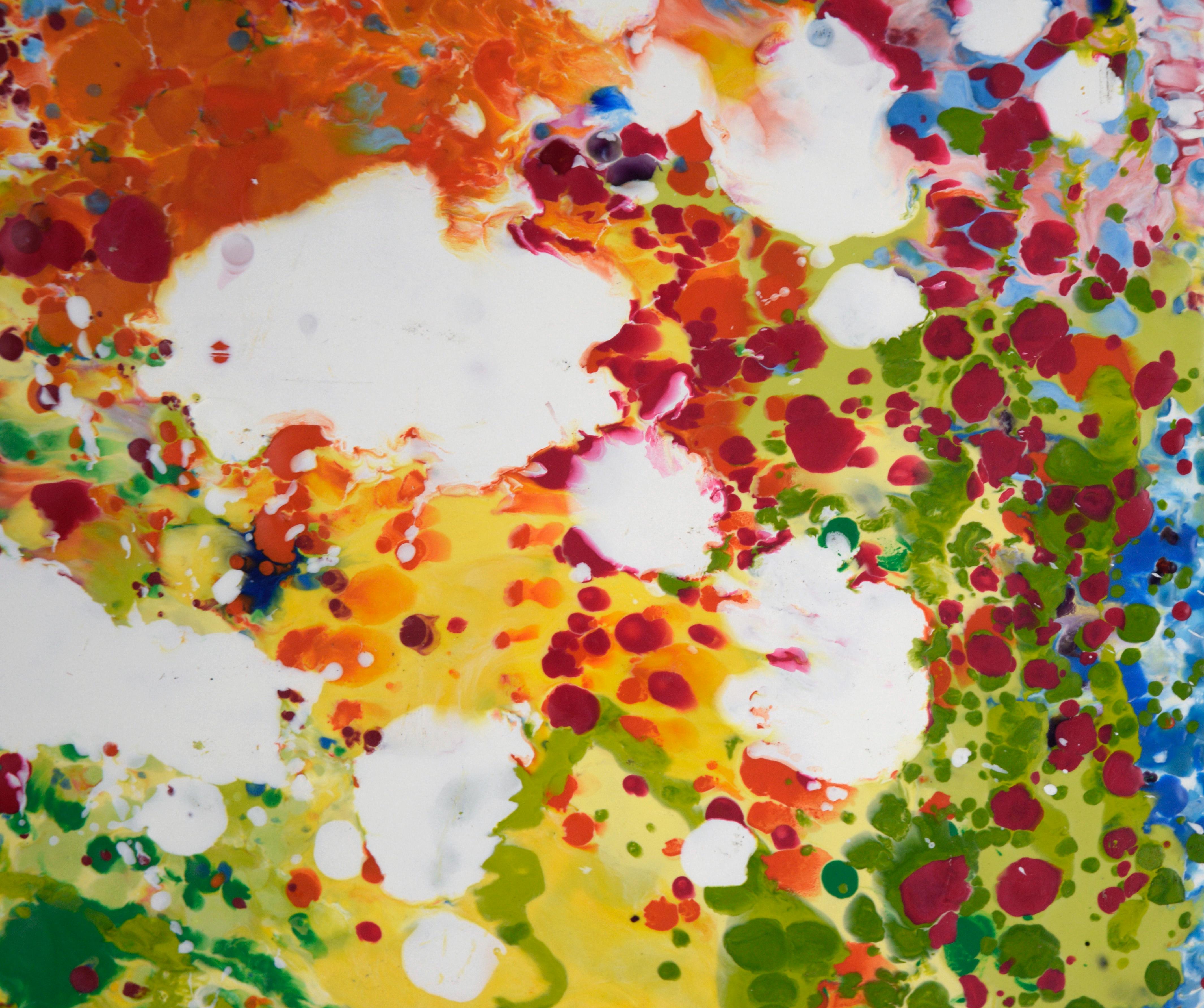 Blau, Orange, Grün – Expressionistische Komposition aus Wachs und Acryl auf Holzplatte (Braun), Abstract Painting, von Charles David Francis