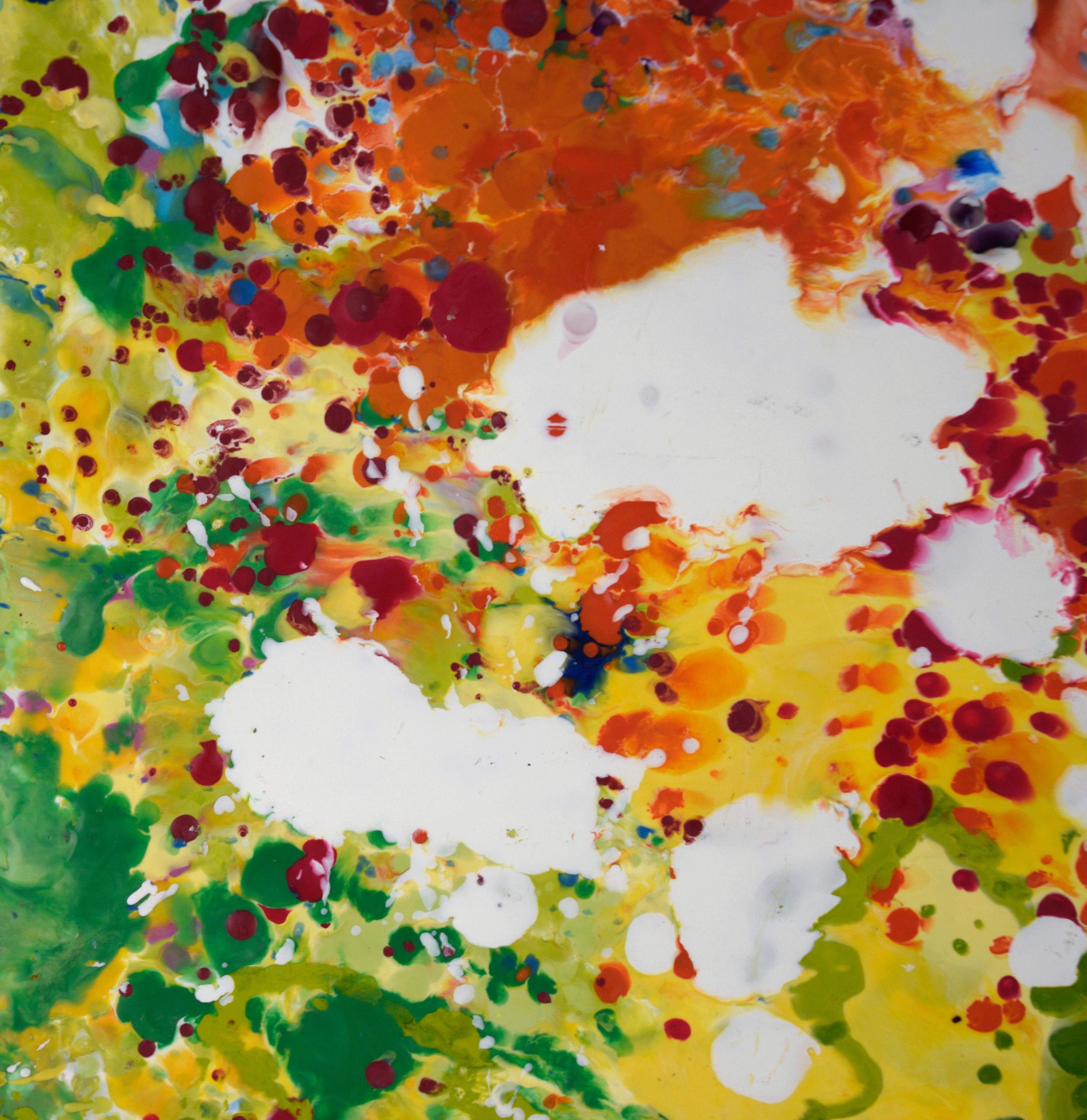 Blau, Orange, Grün – Expressionistische Komposition aus Wachs und Acryl auf Holzplatte

Kühne abstrakte Komposition von Charles David Francis  (Amerikaner, 1951-2018). Leuchtende Farben wurden übereinander getropft und gespritzt. Sie ist meist blau,