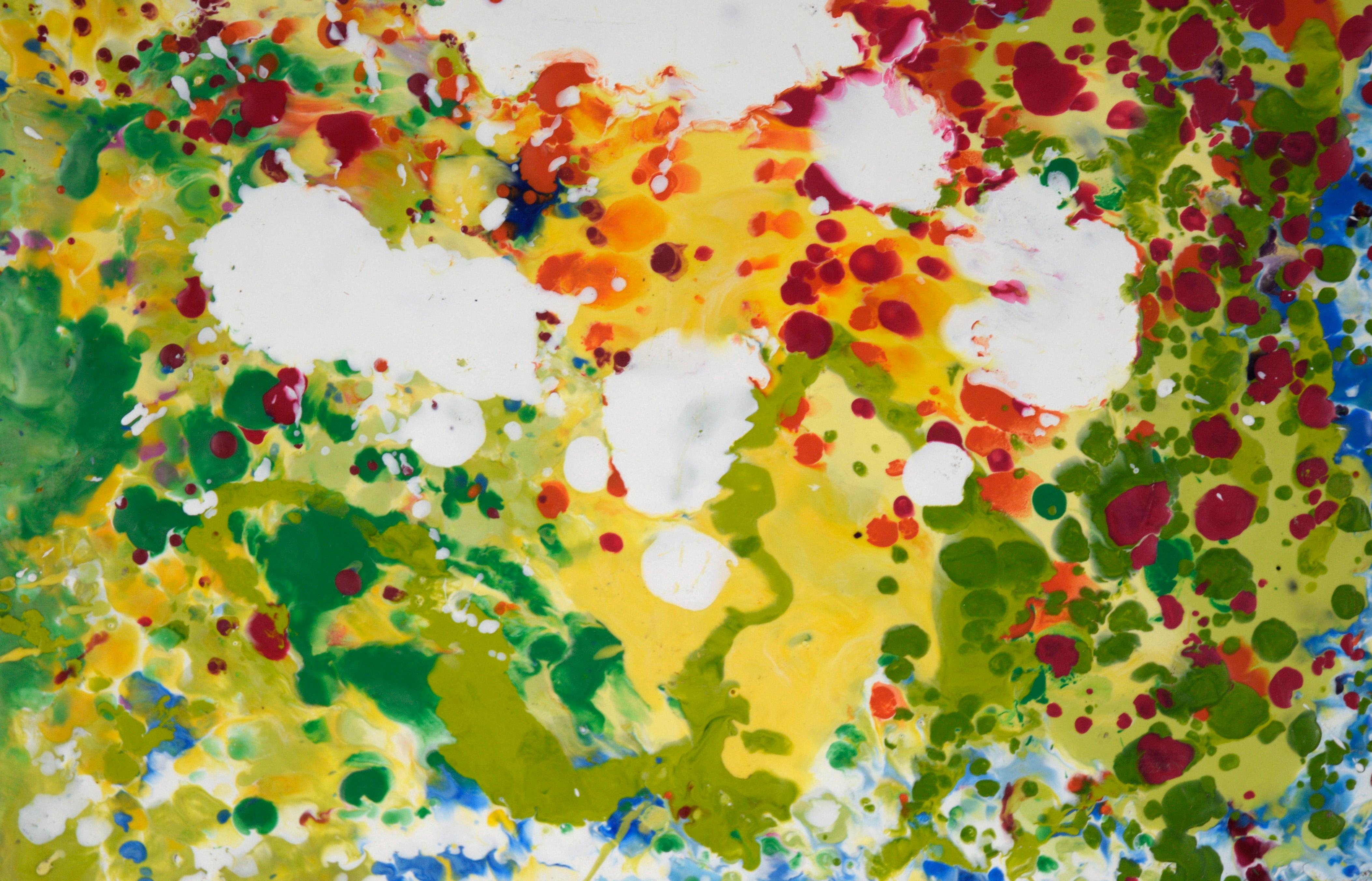 Blau, Orange, Grün – Expressionistische Komposition aus Wachs und Acryl auf Holzplatte im Angebot 1