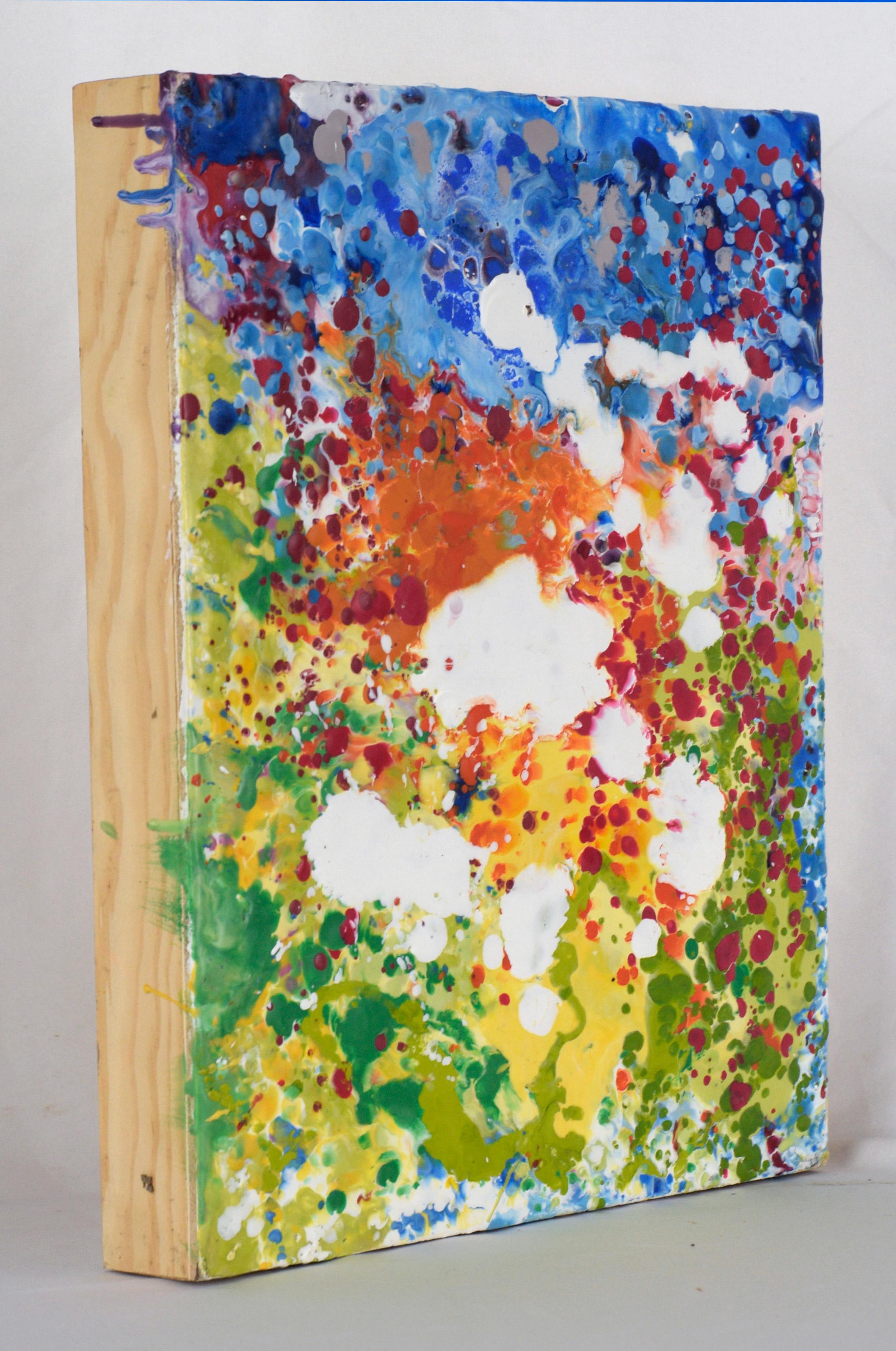 Blau, Orange, Grün – Expressionistische Komposition aus Wachs und Acryl auf Holzplatte im Angebot 3