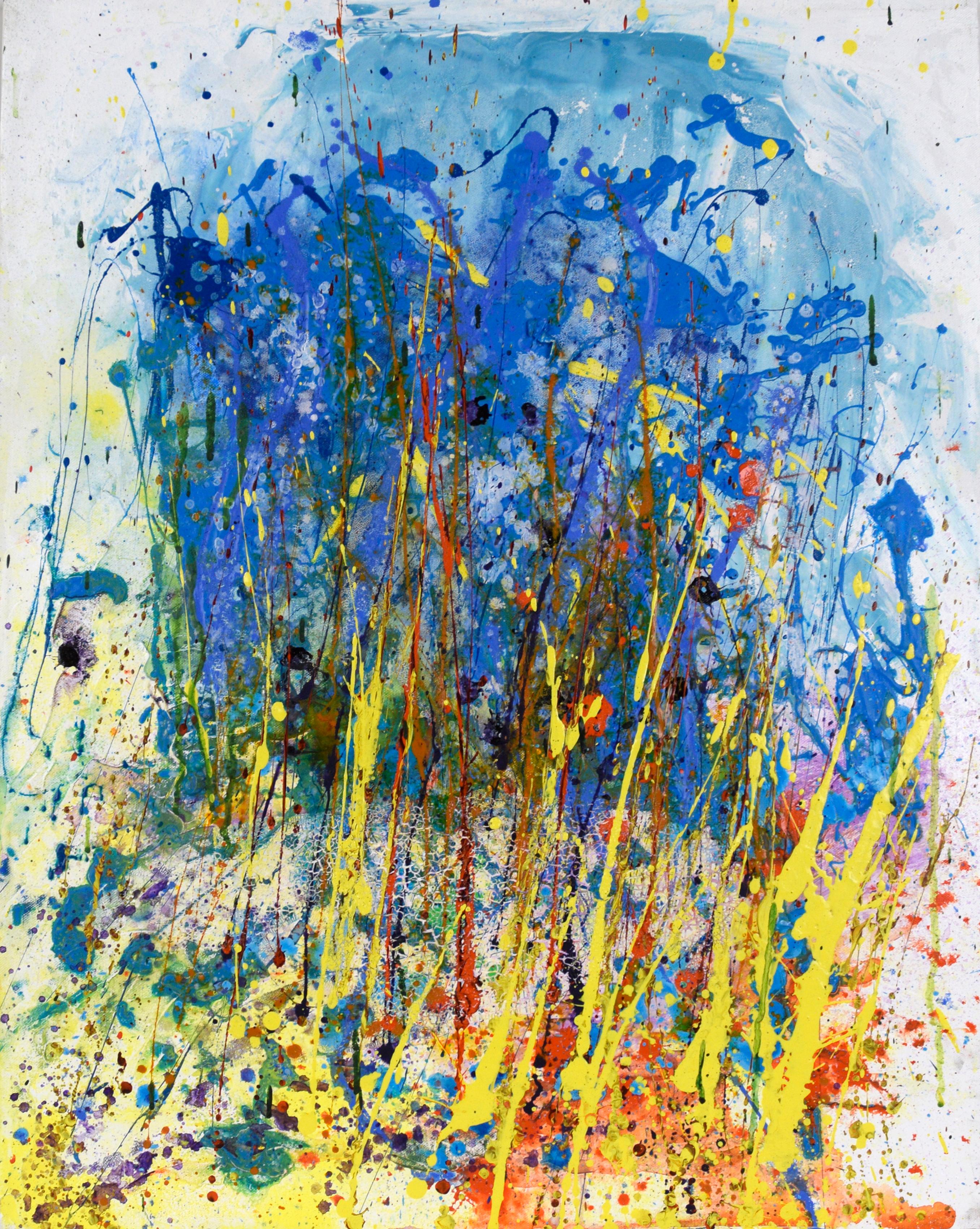 Blue with Yellow- Expressionist Composition in Acrylic on Canvas, Signed