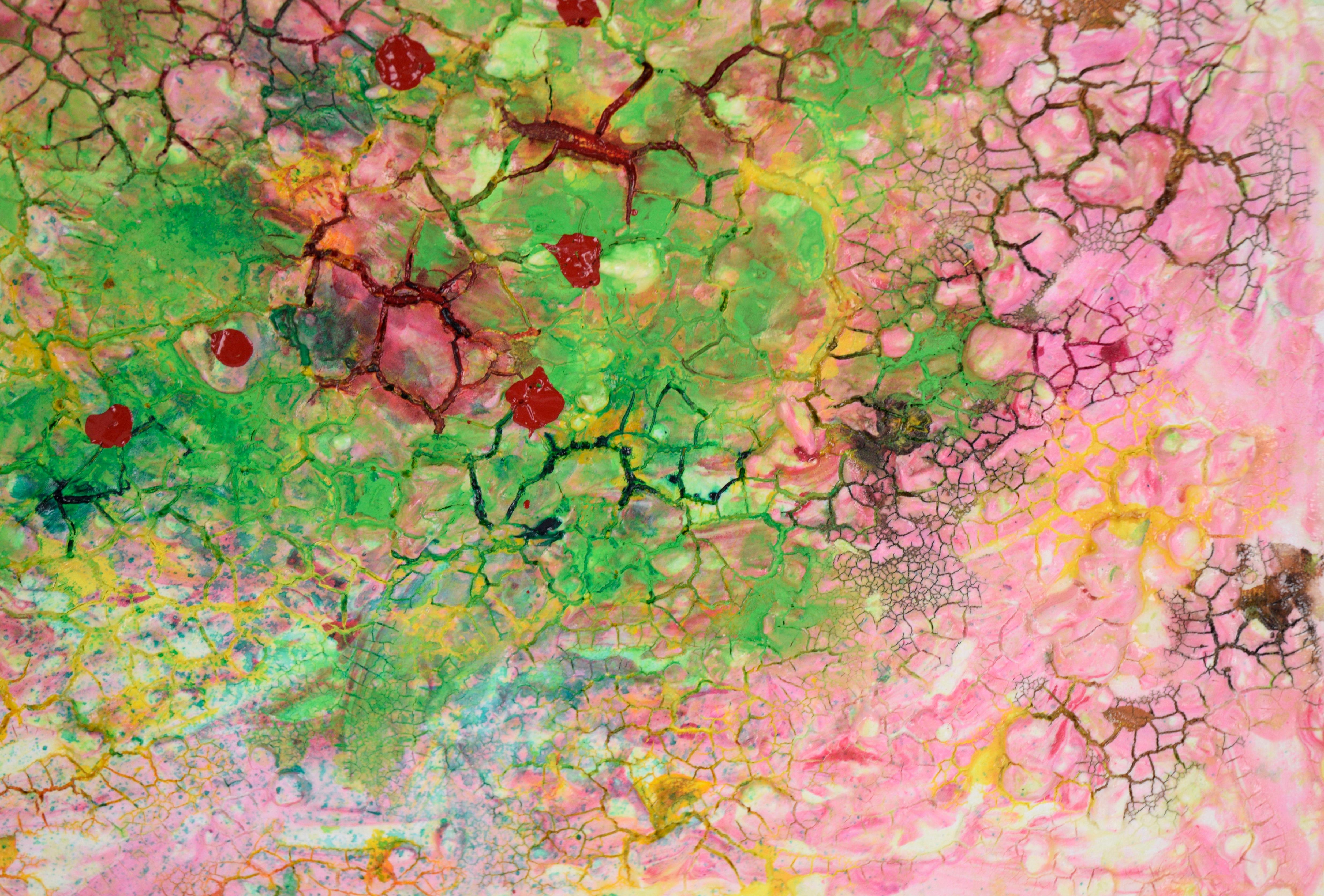 Cotton Candy Crackle - Abstract Expressionist Composition in Acrylic on Canvas For Sale 1