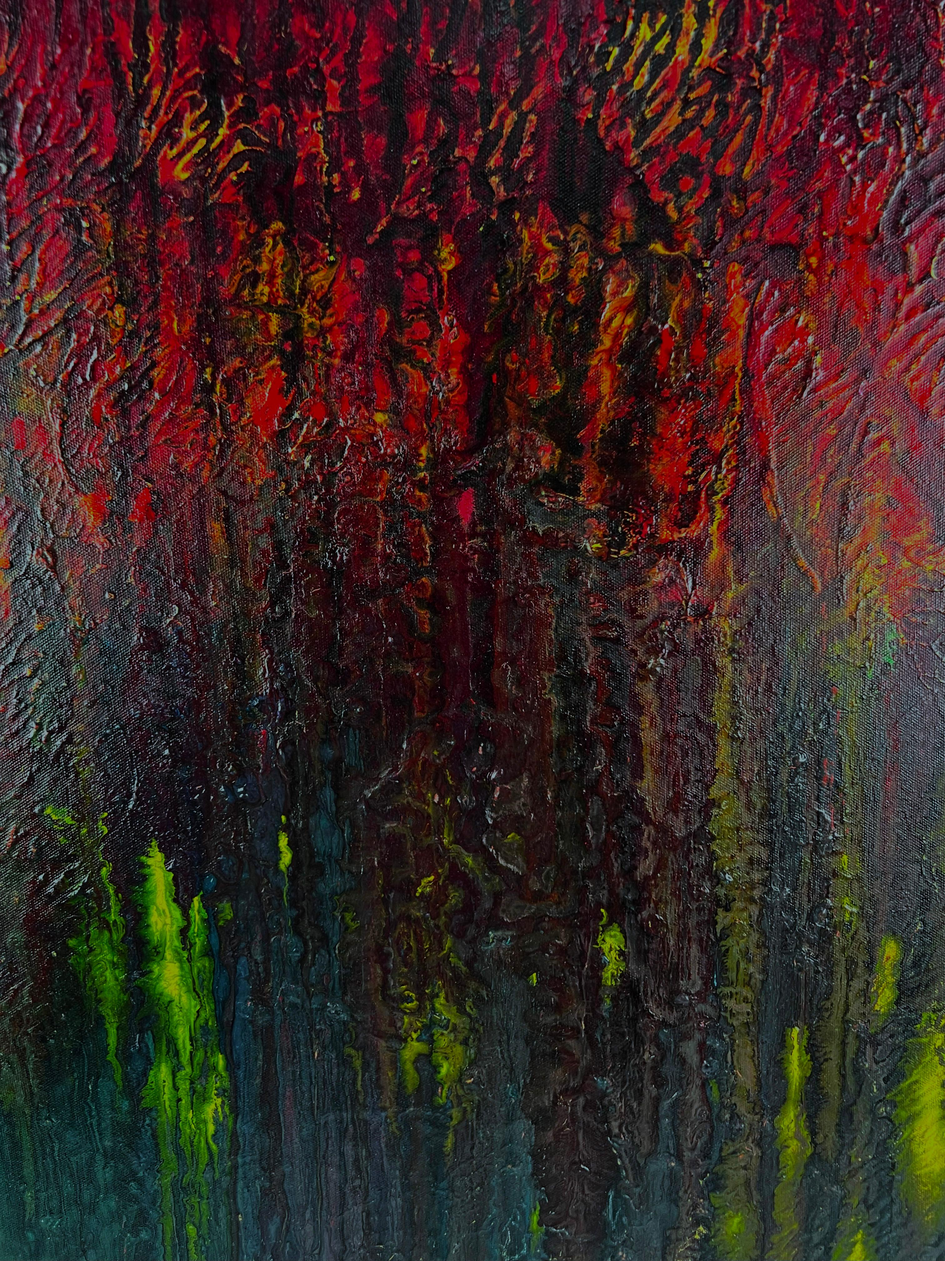 Fire in the Forest at Night by Dave Francis original Acrylic on Canvas - Black Abstract Painting by Charles David Francis