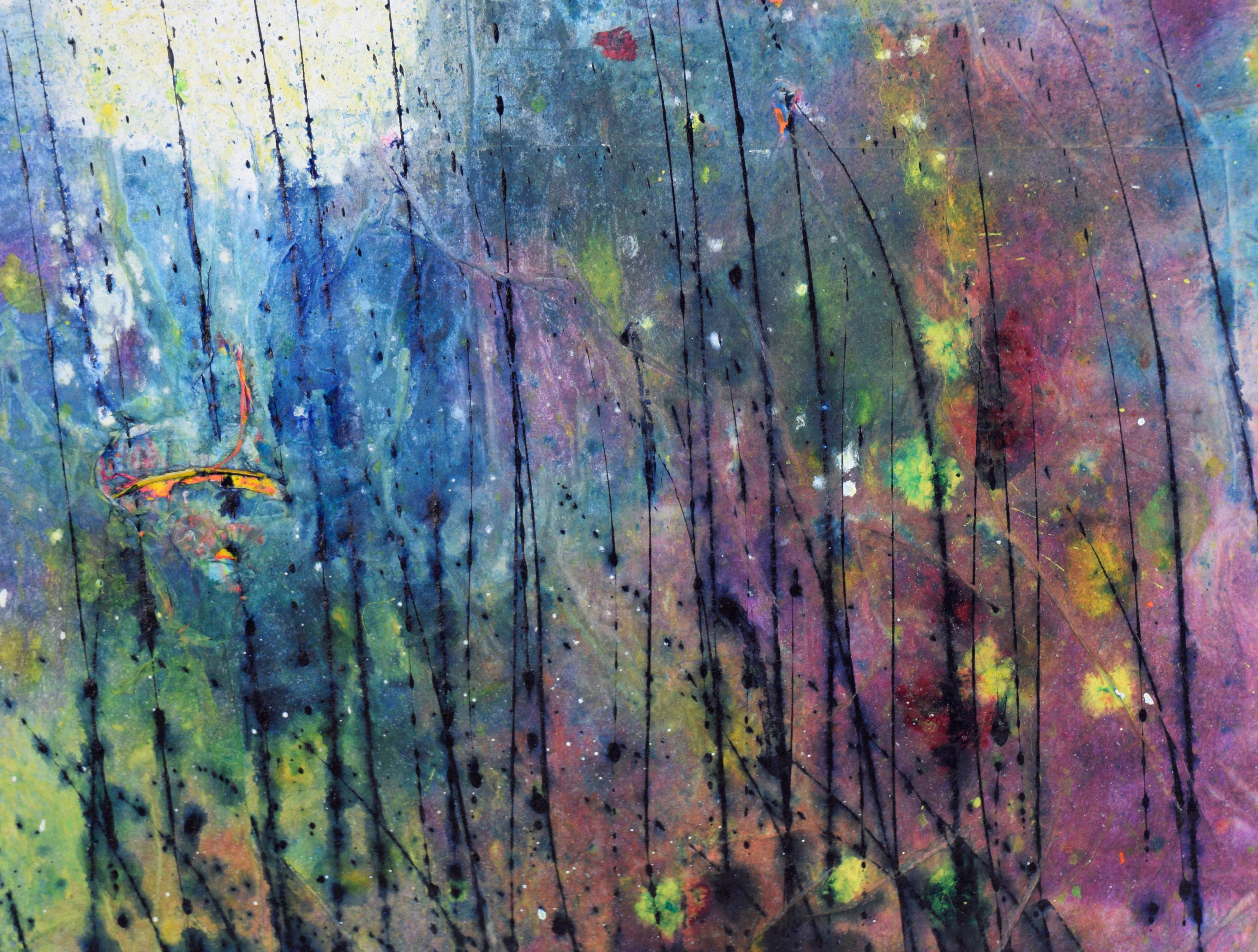 Le lucciole nella foresta - Paesaggio astratto in acrilico su tela - Abstract Painting Grigio di Charles David Francis