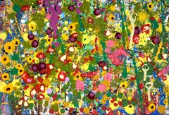 Garden Series with Sun- Expressionist Composition in Acrylic on Canvas, Signed