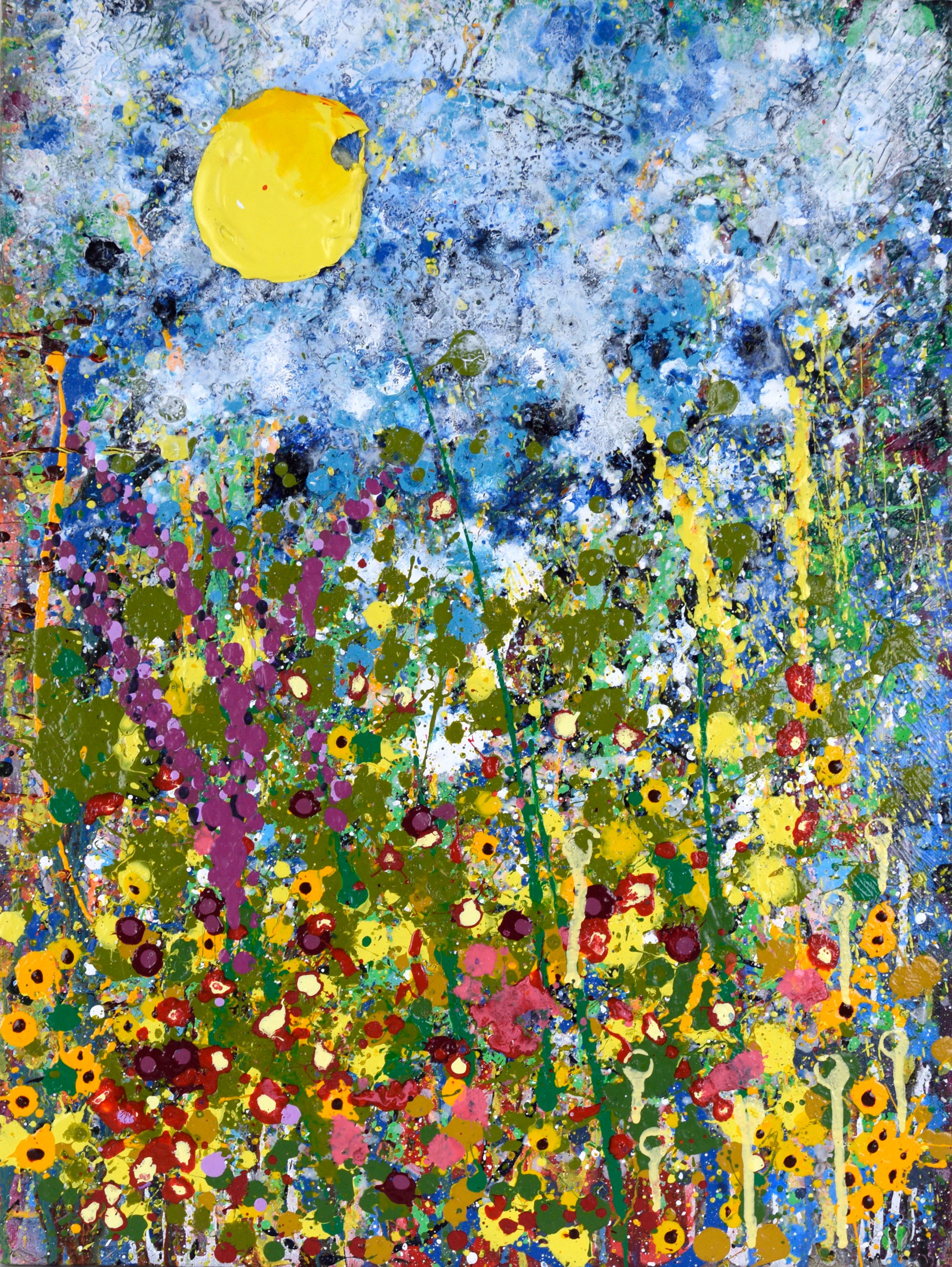Garden Series with Sun- Expressionist Composition in Acrylic on Canvas, Signed