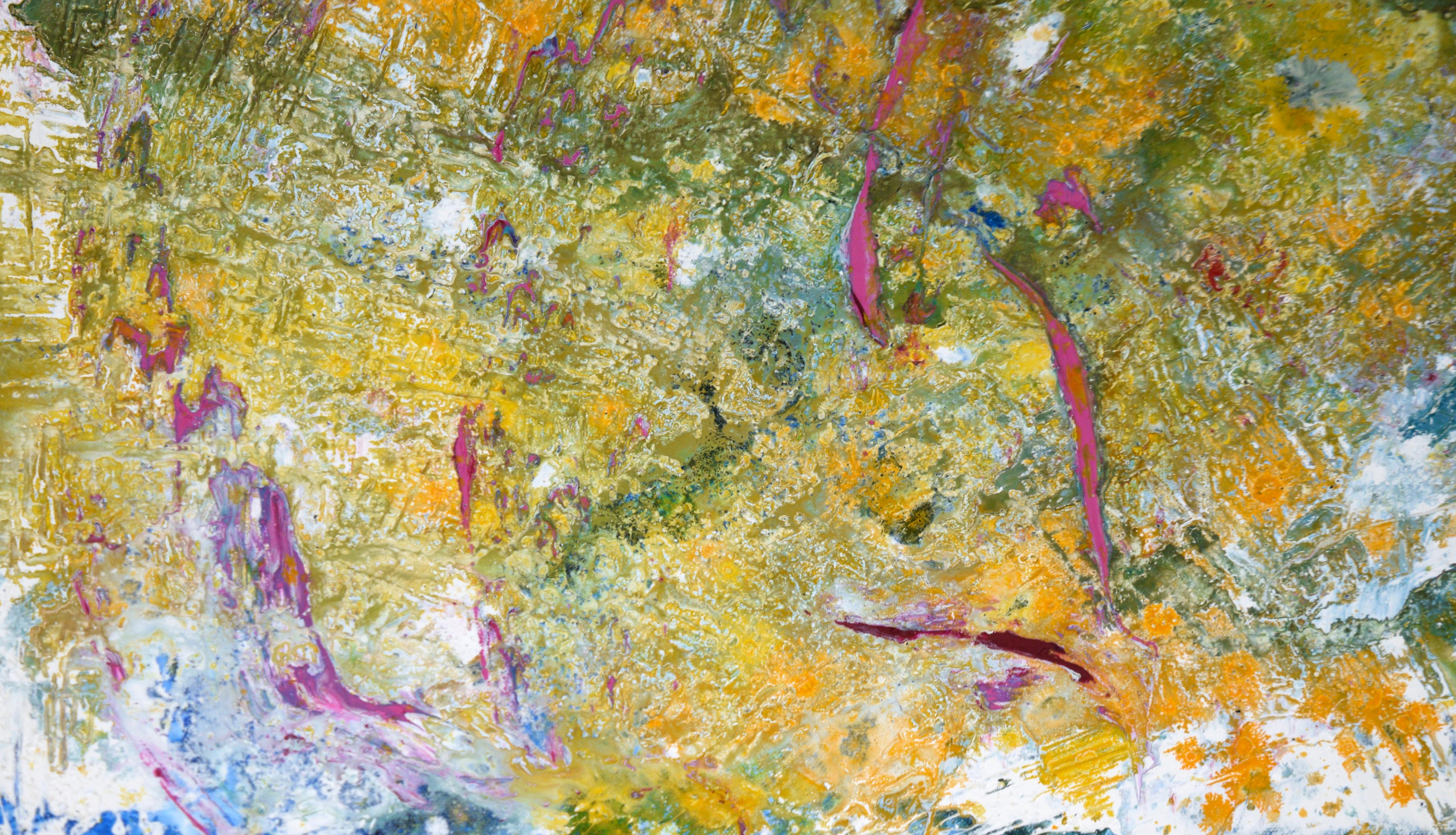 Verde, amarillo, rojo - Composición expresionista texturizada en acrílico sobre lienzo - Abstract Painting Marrón de Charles David Francis