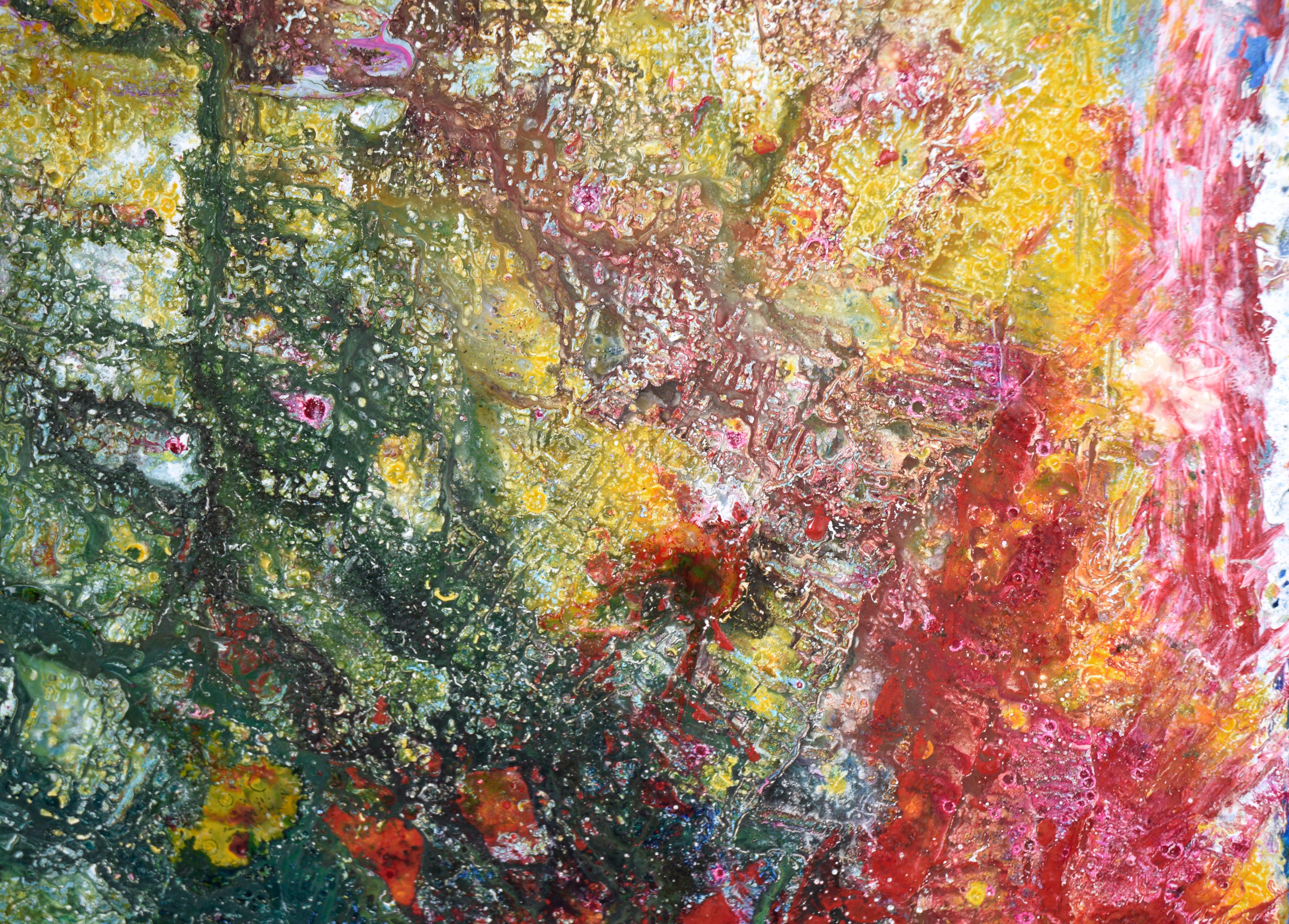 Verde, amarillo, rojo - Composición expresionista texturizada en acrílico sobre lienzo en venta 1