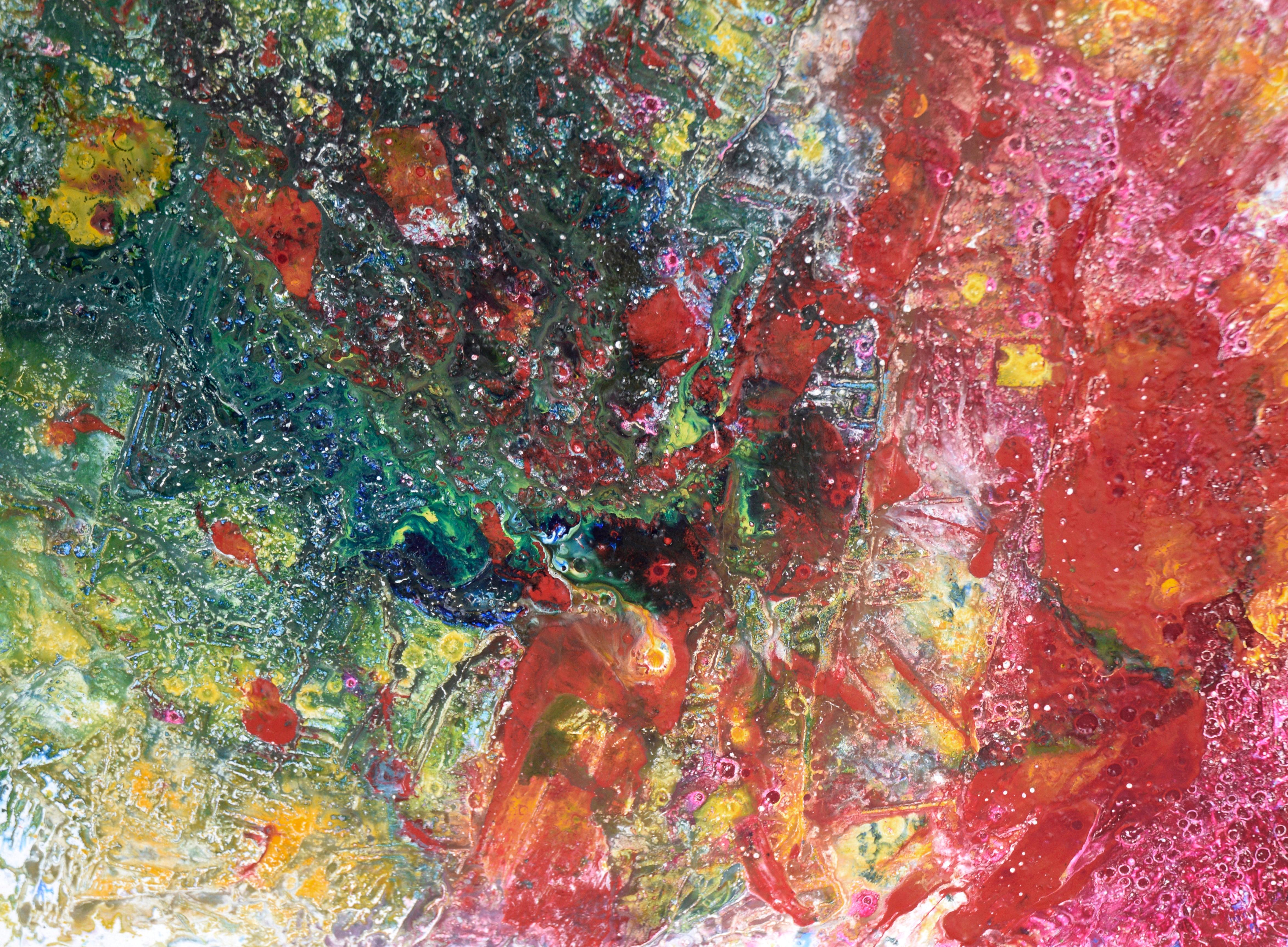 Verde, amarillo, rojo - Composición expresionista texturizada en acrílico sobre lienzo en venta 2