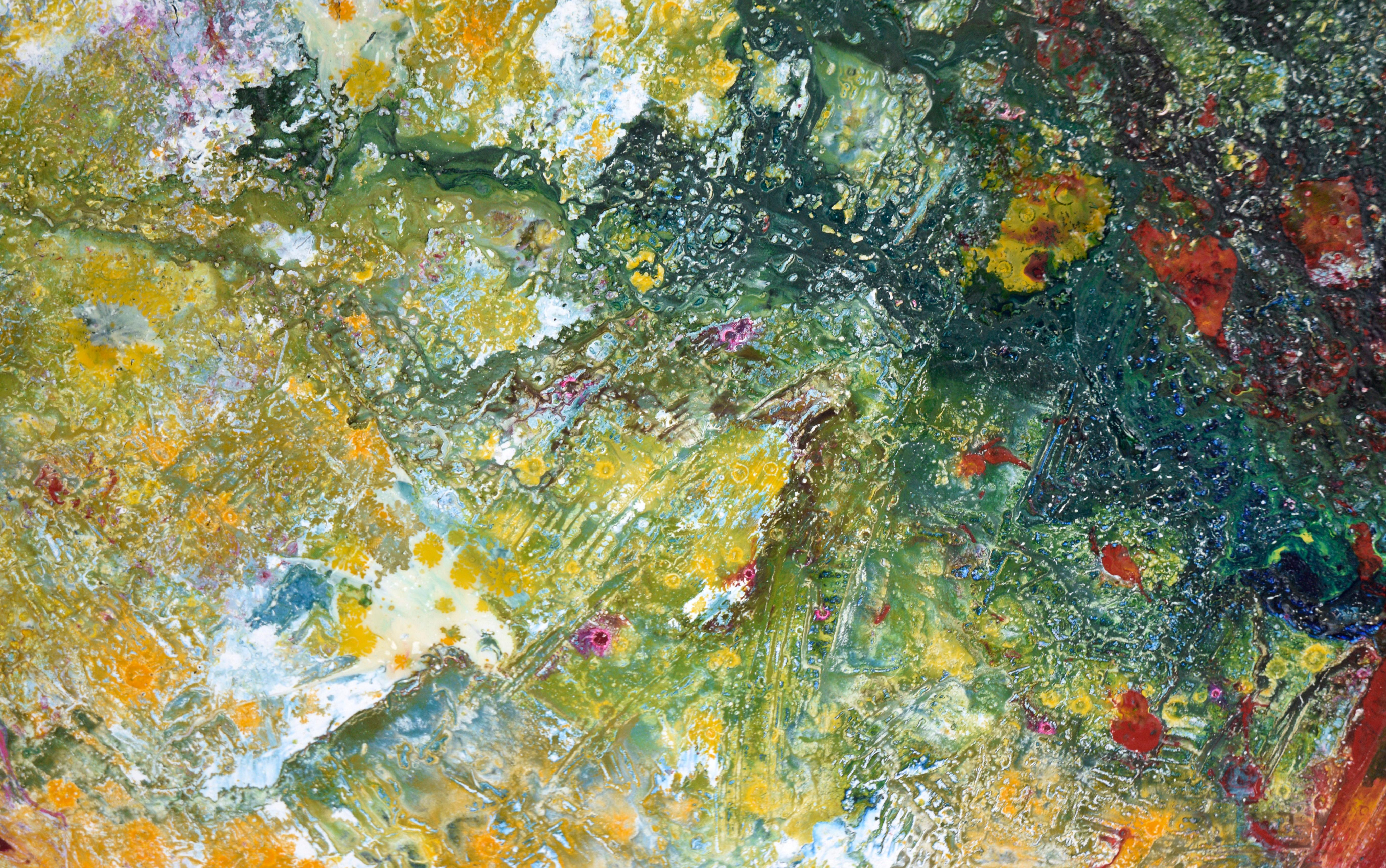 Verde, amarillo, rojo - Composición expresionista texturizada en acrílico sobre lienzo en venta 3