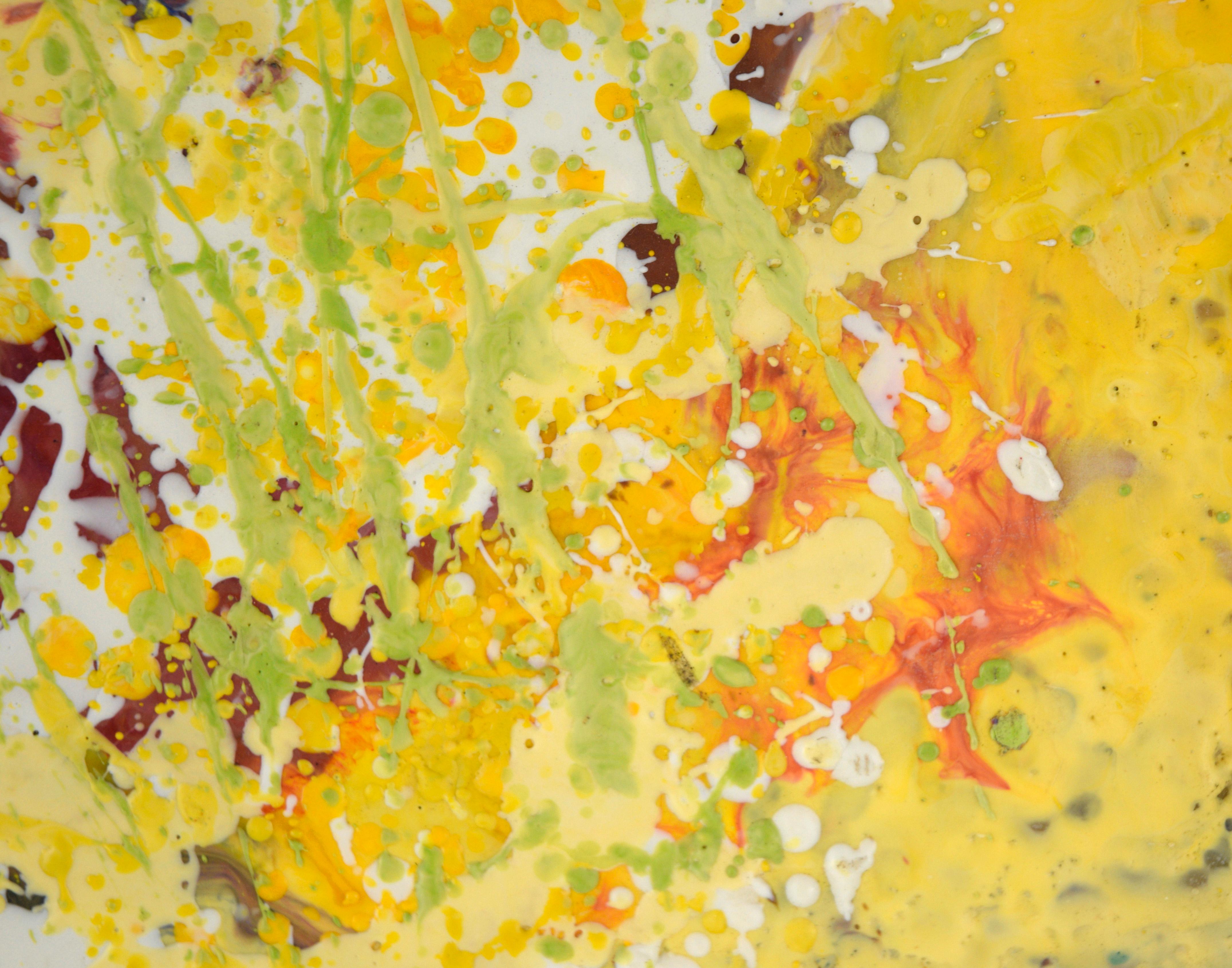 Yellow Drips - Expressionist Composition in Wax and Acrylic on Wood Panel

Bold abstract composition by Charles David Francis  (American, 1951-2018). Bright colors have been dripped and splattered on top of each other. It is mostly yellow, white,