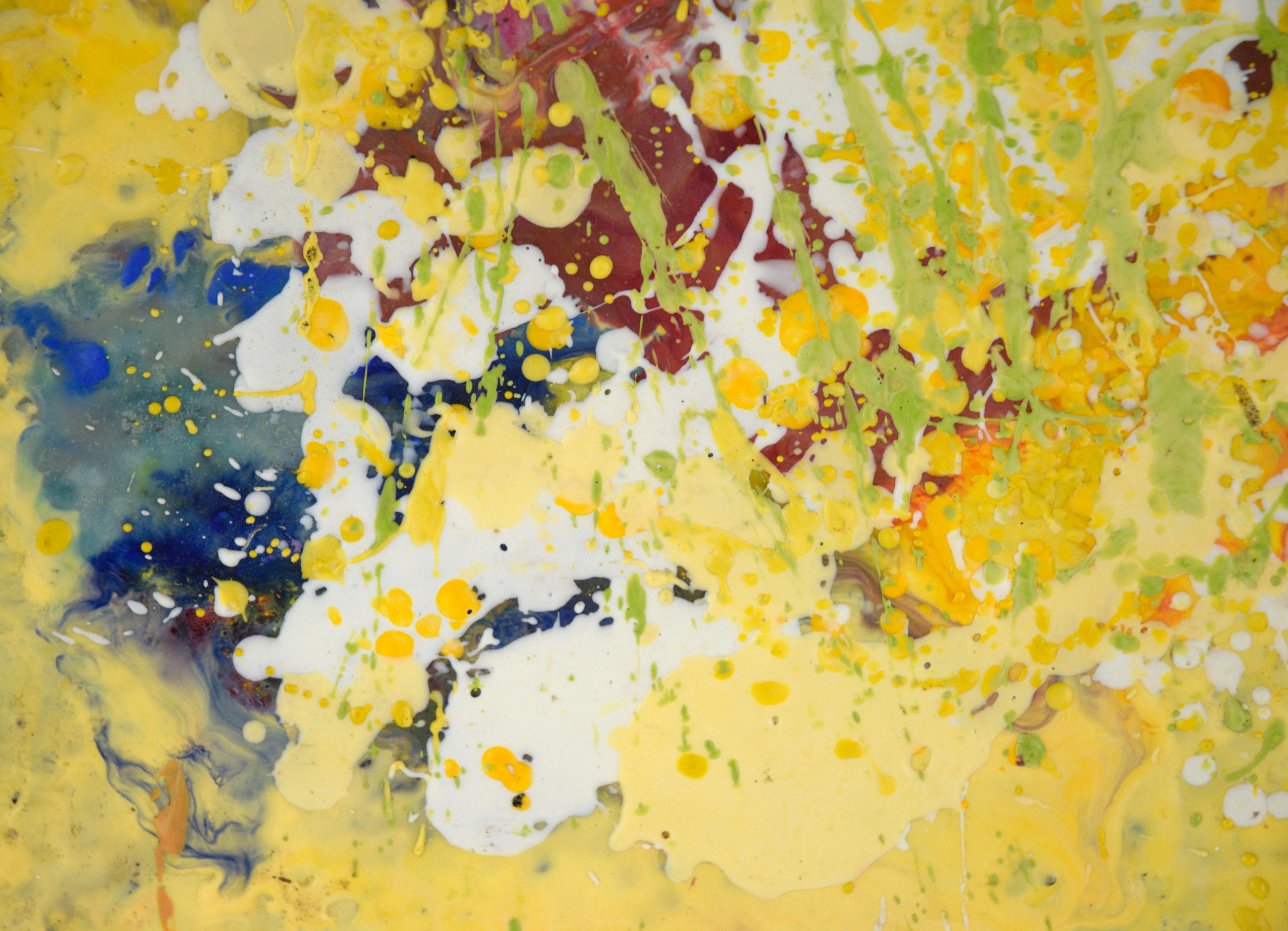 Yellow Drips - Expressionist Composition in Wax and Acrylic on Wood Panel For Sale 1