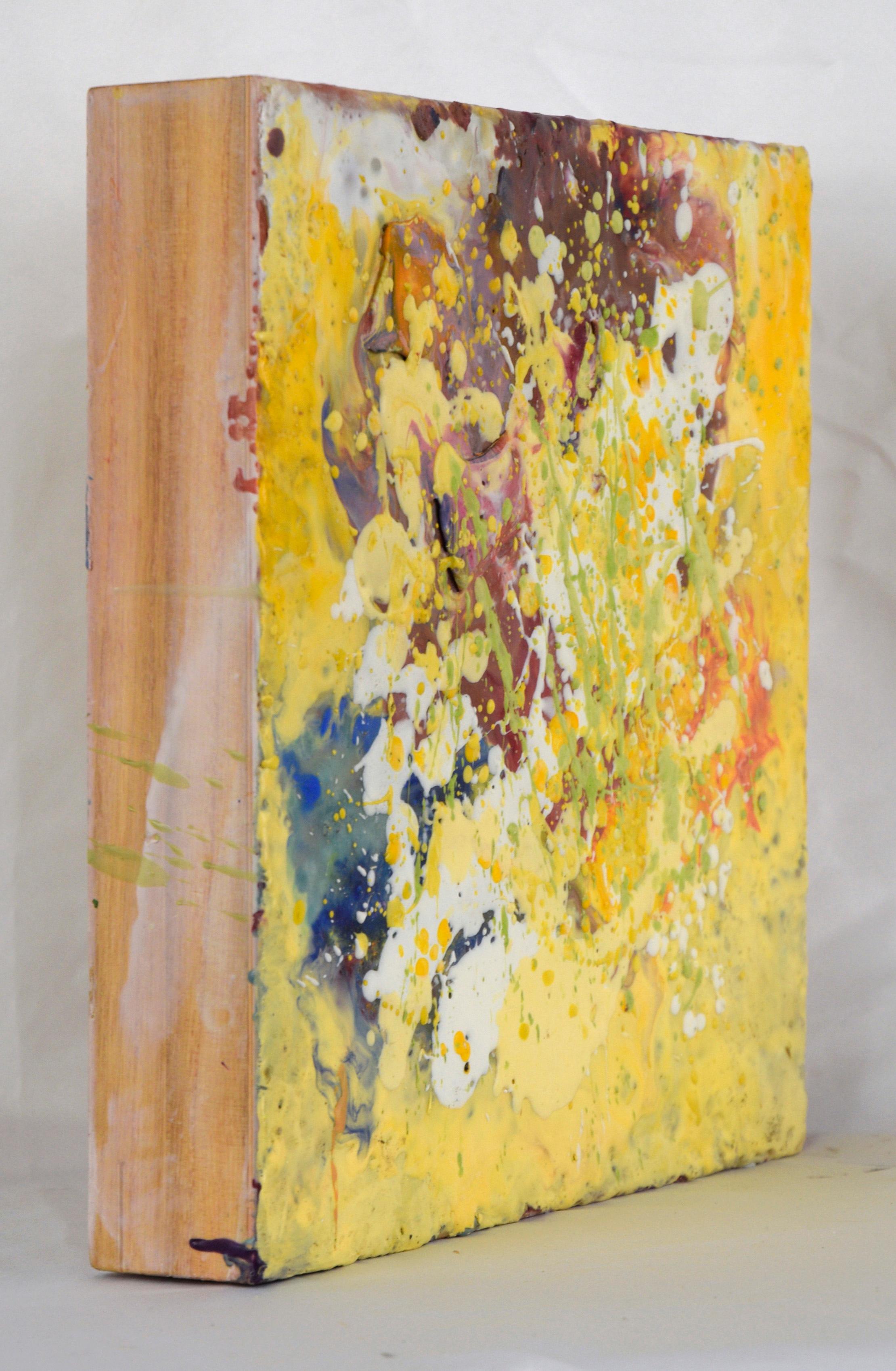 Yellow Drips - Expressionist Composition in Wax and Acrylic on Wood Panel For Sale 4