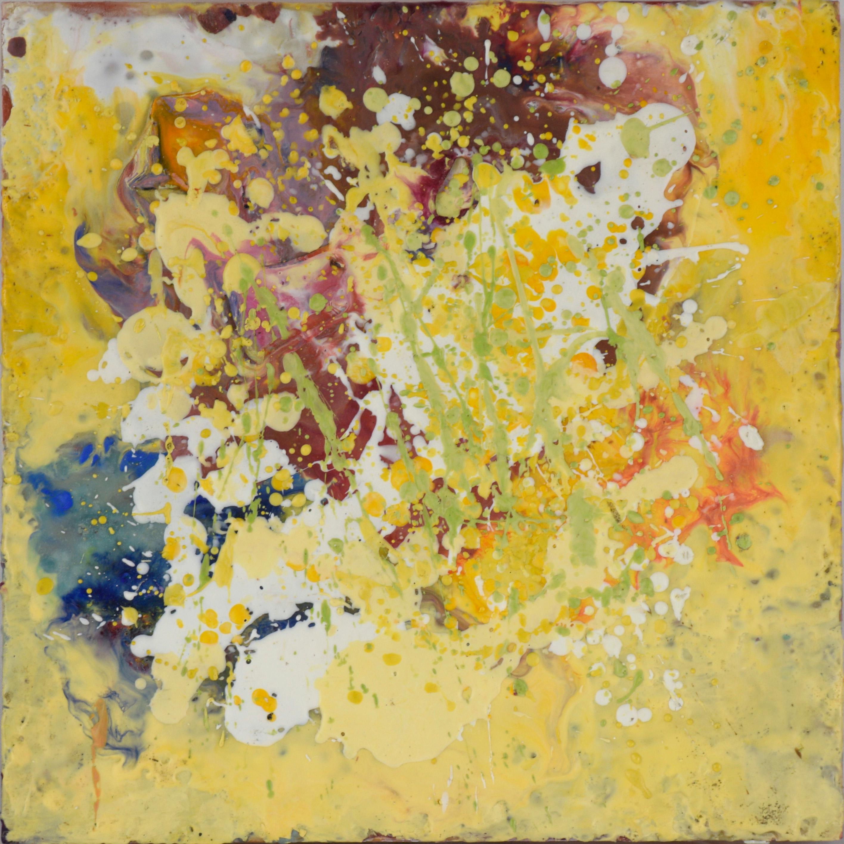 Yellow Drips - Expressionist Composition in Wax and Acrylic on Wood Panel