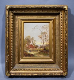 Antique American Hudson River School Sunset Landscape Figure Signed Oil Painting
