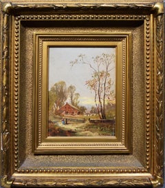 Antique American Hudson River School Sunset Landscape Figure Signed Oil Painting