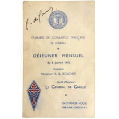 Vintage Charles De Gaulle signed WWII Menu