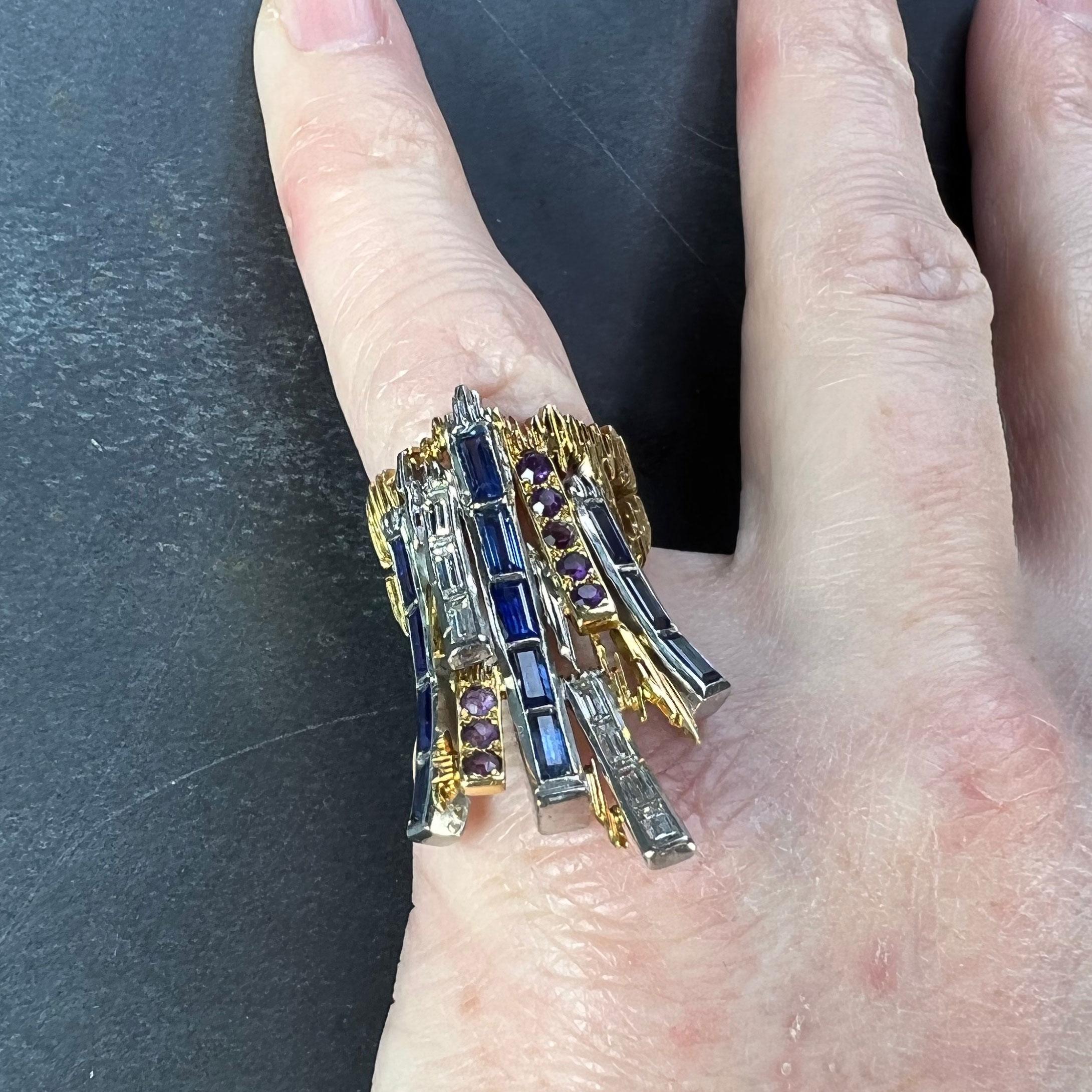 Charles de Temple Saphir Diamant Amethyst 18K Gelb und Weißgold Pinky Ring (Baguetteschliff) im Angebot