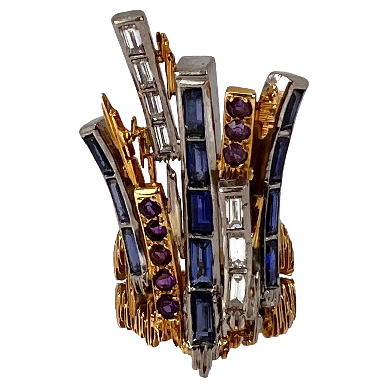 Charles de Temple Sapphire Diamond Amethyst 18K Yellow and White Gold Pinky Ring For Sale