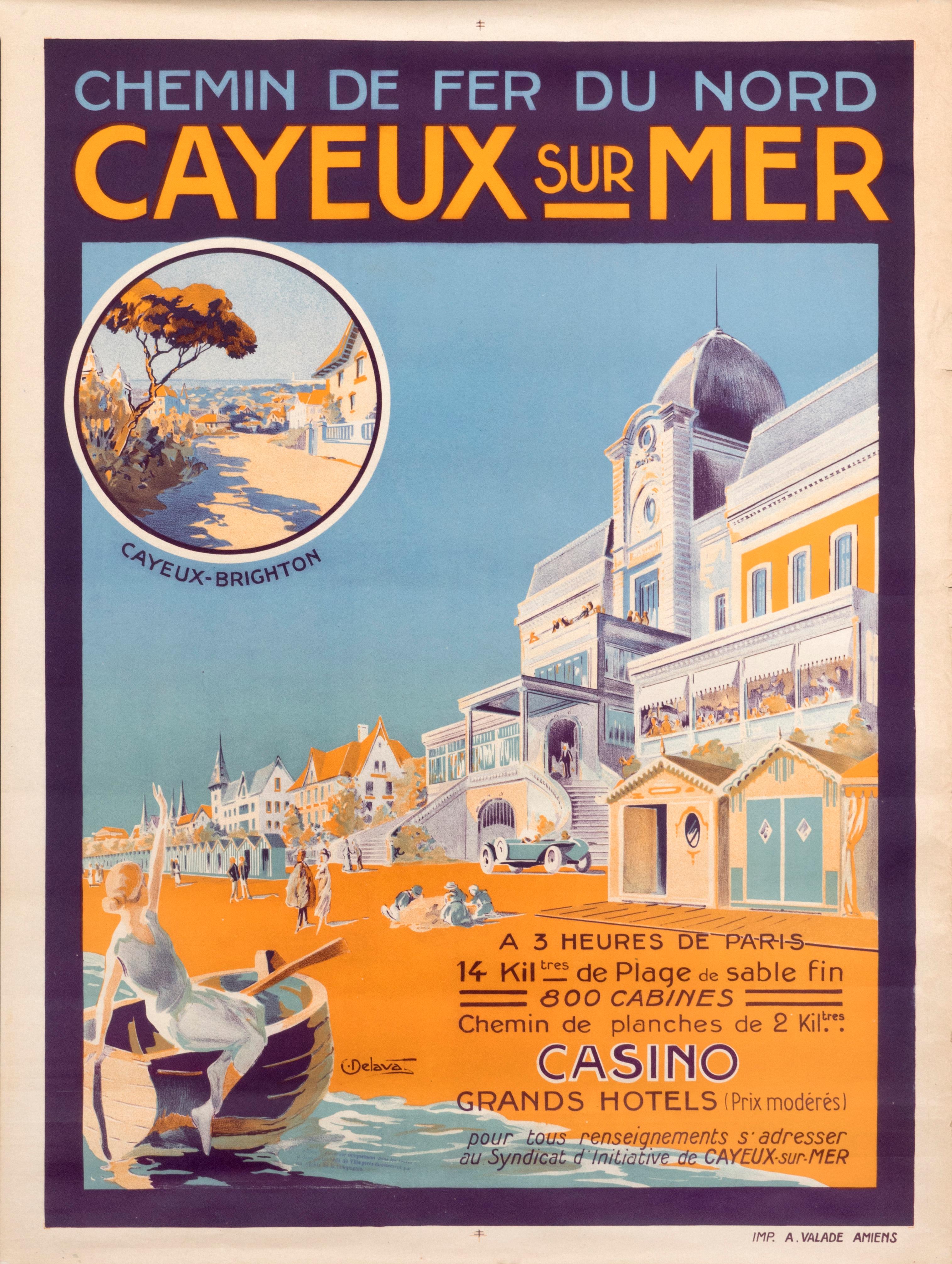 Landscape Print Charles Delavat - Affiche originale de voyage de plage « Cayeux sur Mer » sur la côte française des années 1920