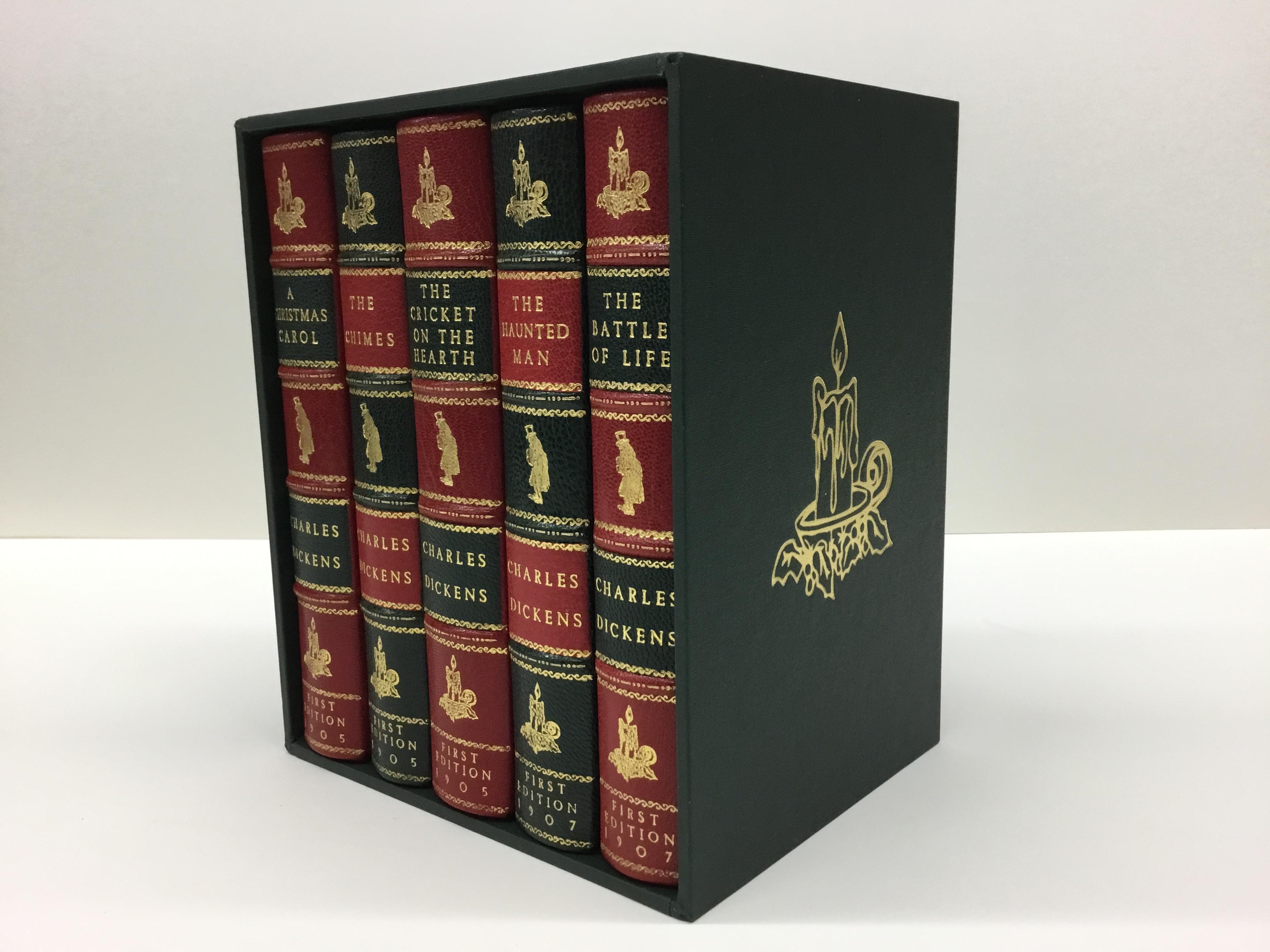 This amazing five-volume set of Christmas books by Charles Dickens includes A Christmas Carol 1905, The Chimes 1905, The Cricket on the Hearth 1905, The Haunted Man 1907, and The Battle of Life 1907.

The books were published by J.M. Dent, in