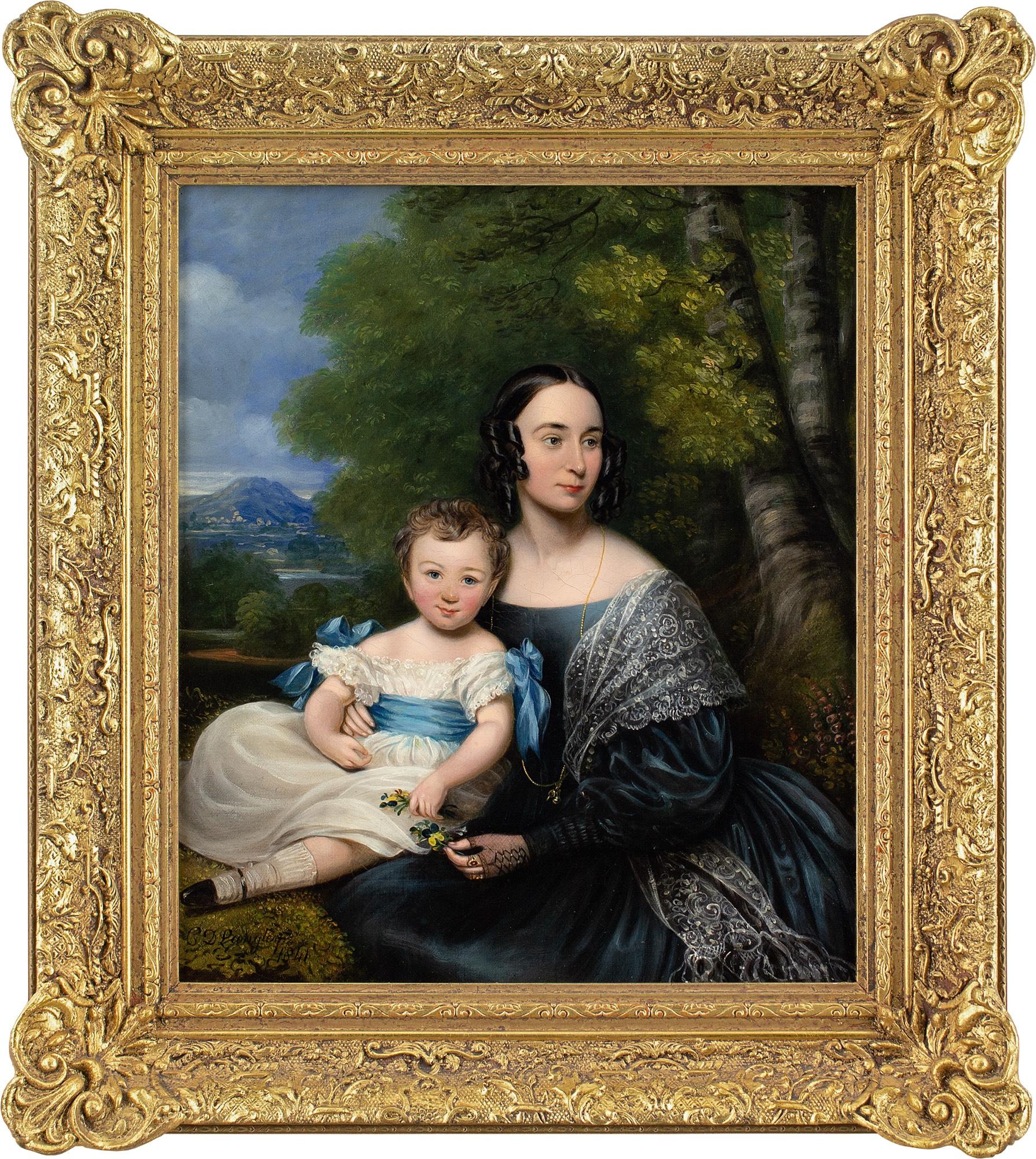 Dieses schöne Ölgemälde des britischen Künstlers Charles Dickinson Langley (1799-1873) aus der Mitte des 19. Jahrhunderts zeigt eine Mutter mit Kind vor einer Landschaft.

Über Langley ist nur wenig bekannt, was angesichts seiner außergewöhnlichen