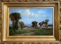 "Village by the Sea" - Framed 19th-Century Antique Landscape Painting