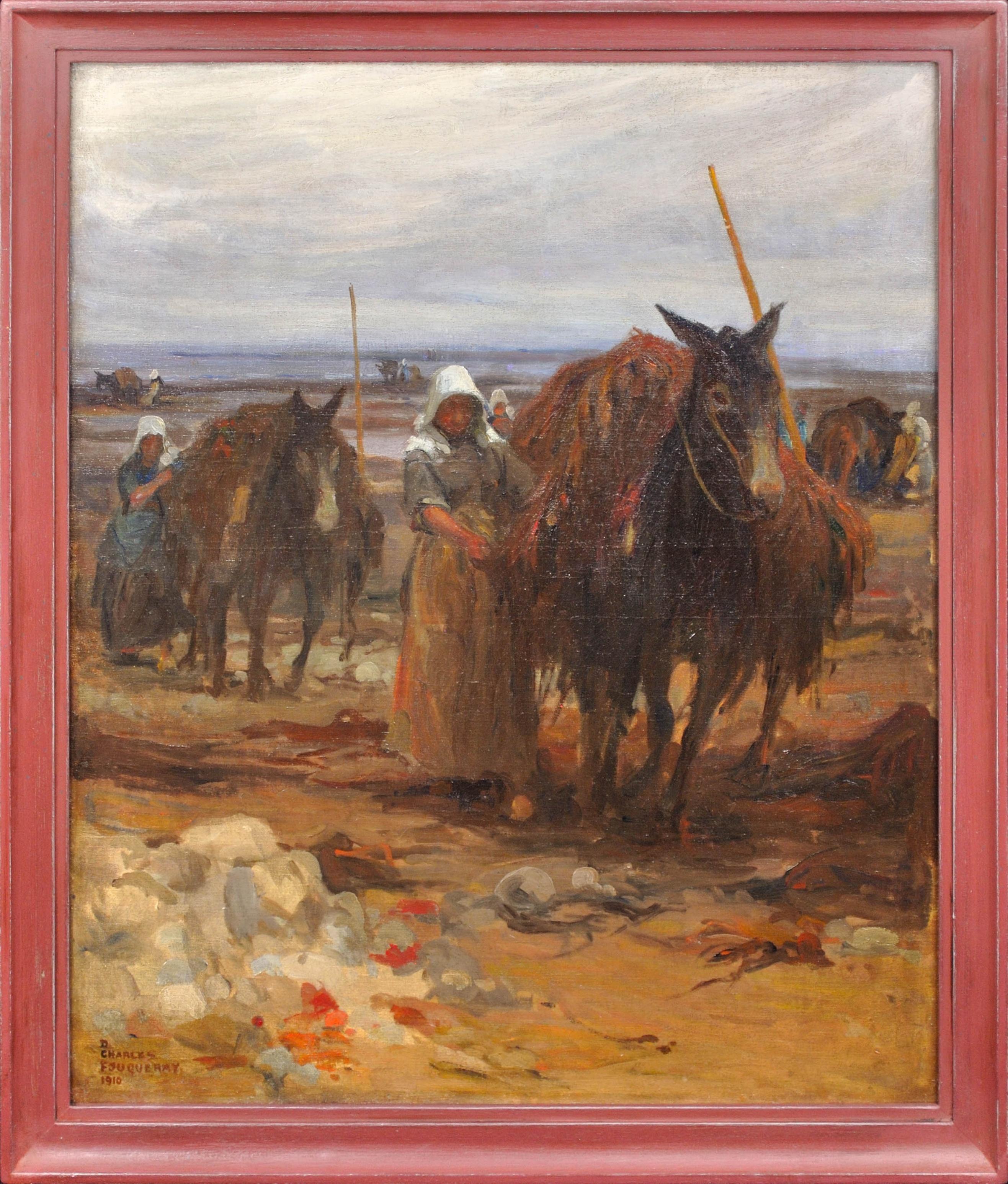 Charles Dominique Fouqueray Figurative Painting – Ramasseurs De Goemon En Bretagne Seegras sammelt Bretagne Bretonische Ölgemälde