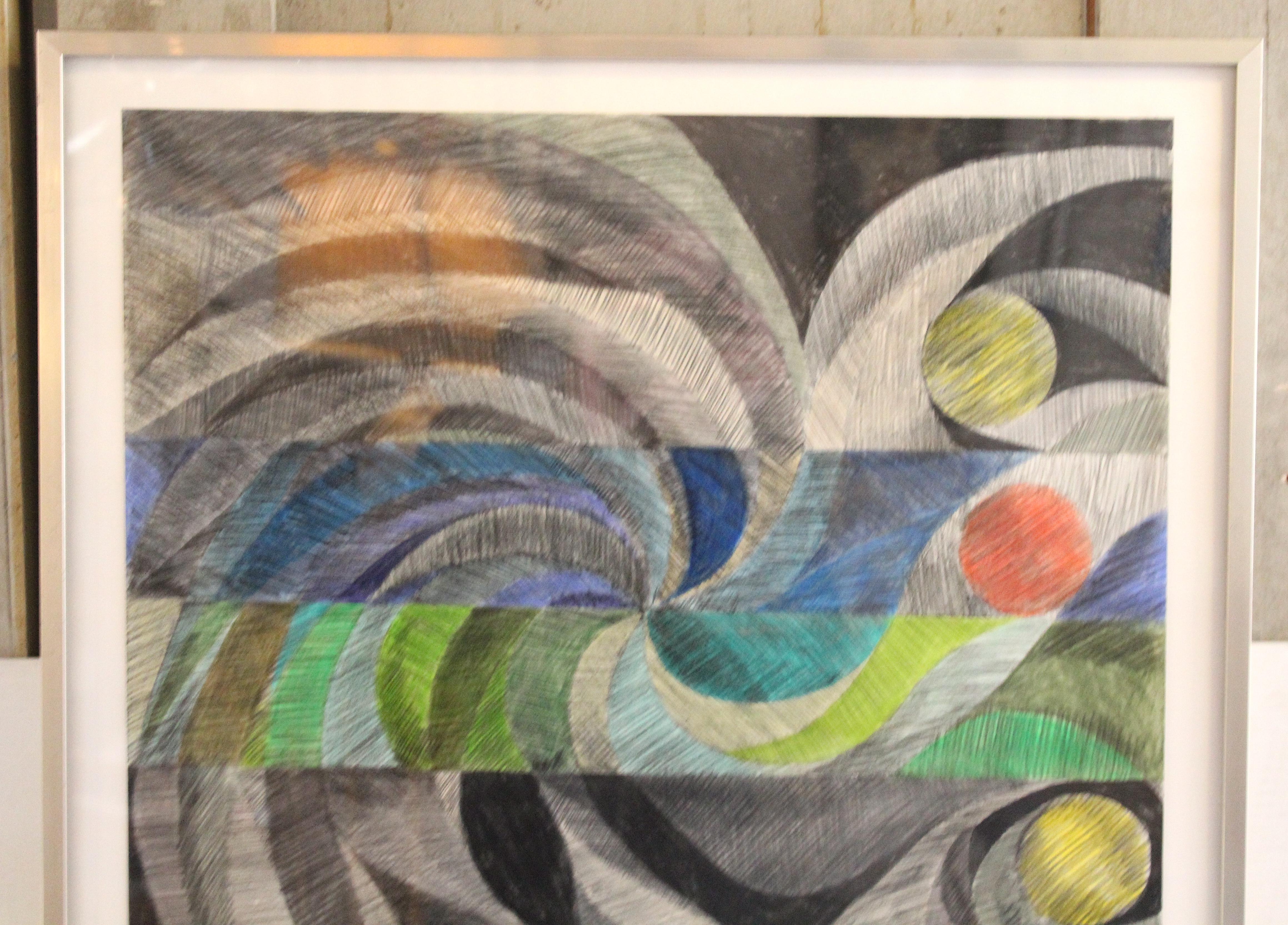 This lot of four pencil drawings by Charles Domsky featur the artist's abstract work with geometric figures and shapes done with colored pencils. The Philadelphia native found his artistic calling only after his Parkinson diagnosis. As one of the