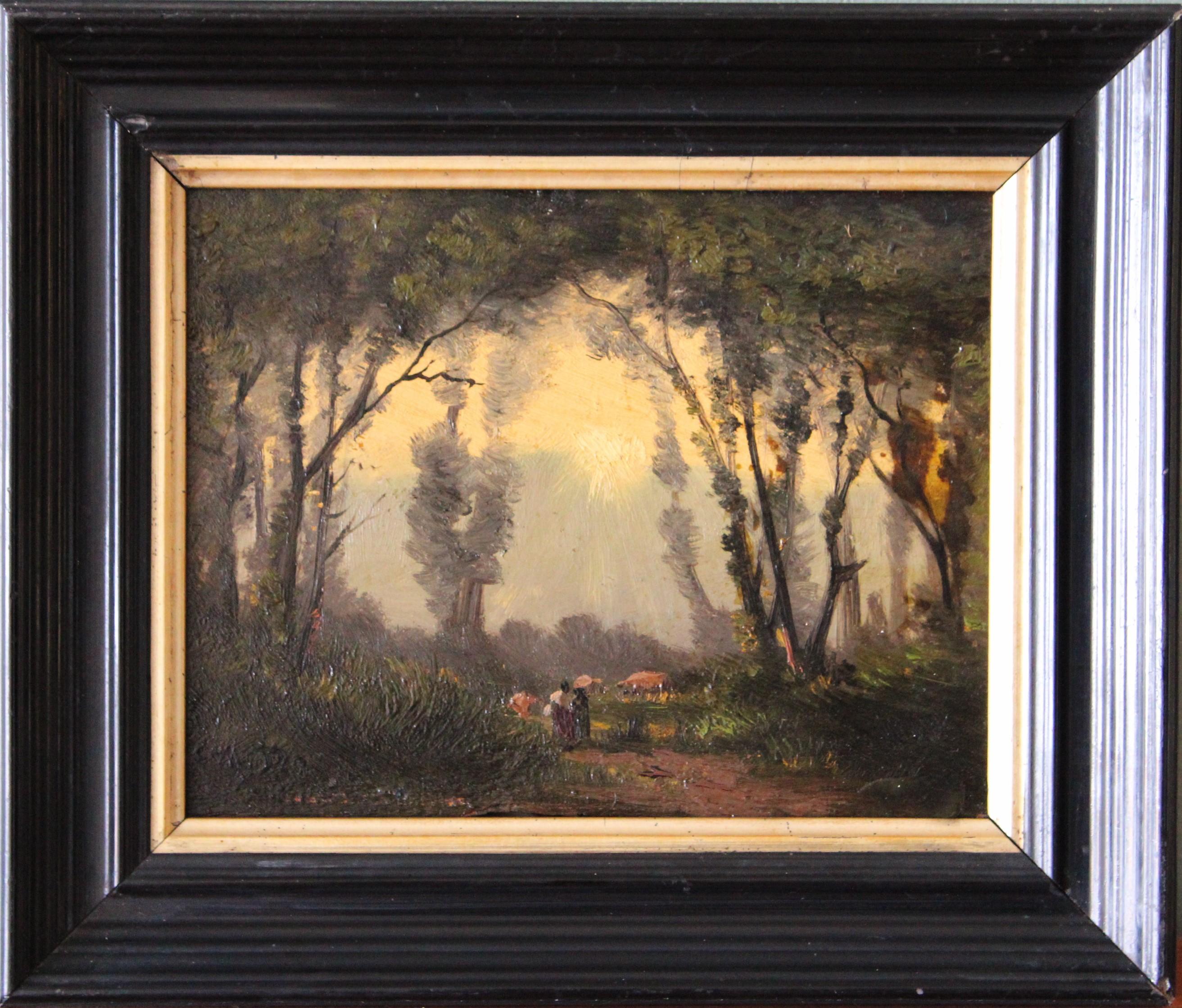 Antique landscape oil painting by French artist, Charles Donzel (1824-1889) annotations on the back.

Atmospheric small Barbizon oil painting on wood in a Napoleon III ebony style frame which complements the painting.  The board has a dark, and