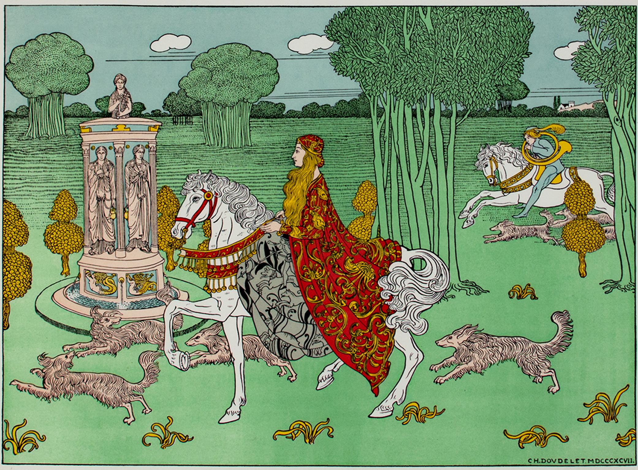 "La Chatelaine" est une lithographie originale en couleurs de Charles Doudelet. Le nom de l'artiste est inscrit en bas à droite. Cette pièce, représentant une femme riche sur un cheval blanc entourée de chiens, a été publiée dans la revue d'Art
