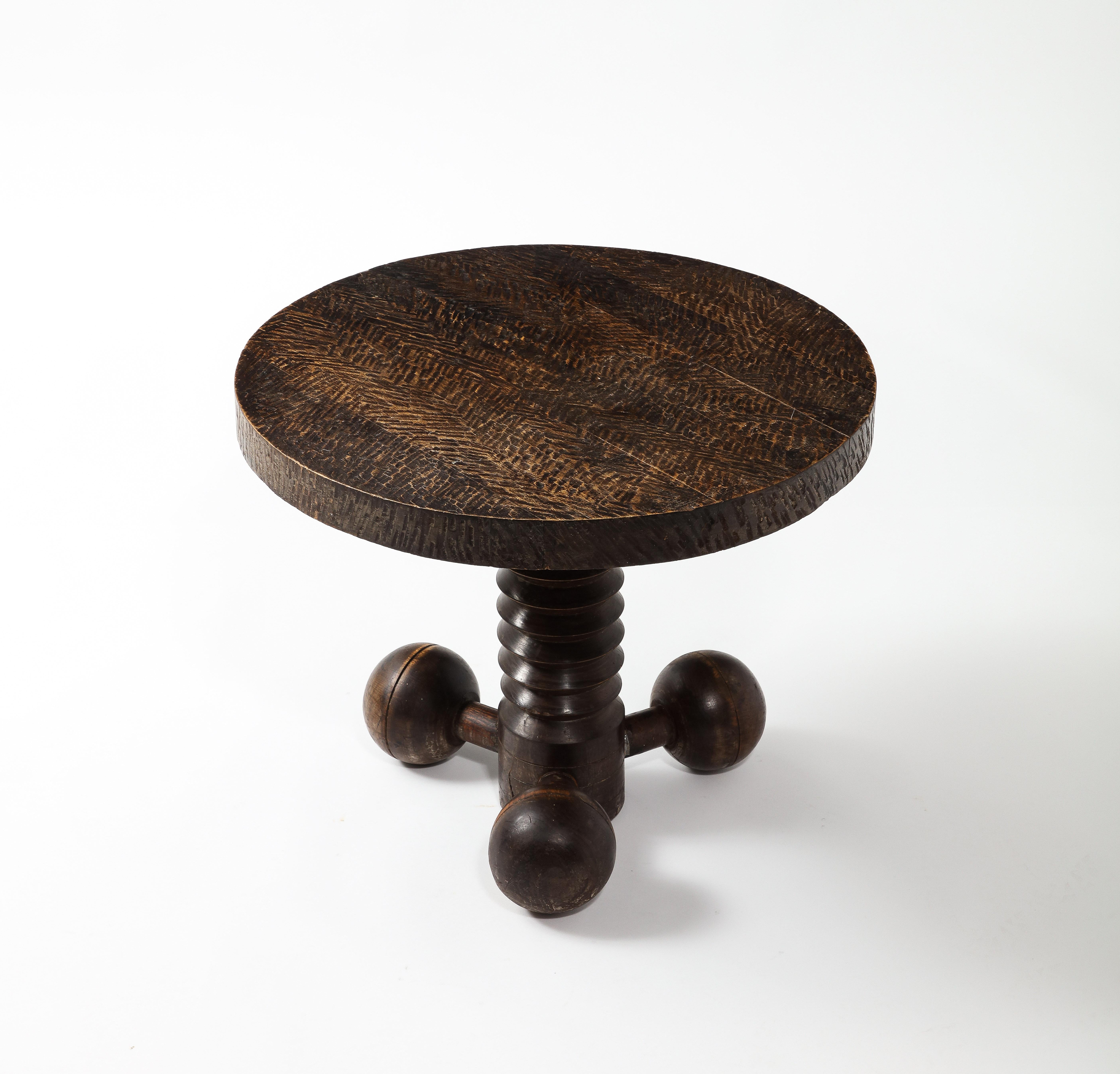 Carved Charles Douduyt Solid Oak End Table, France 1960's For Sale
