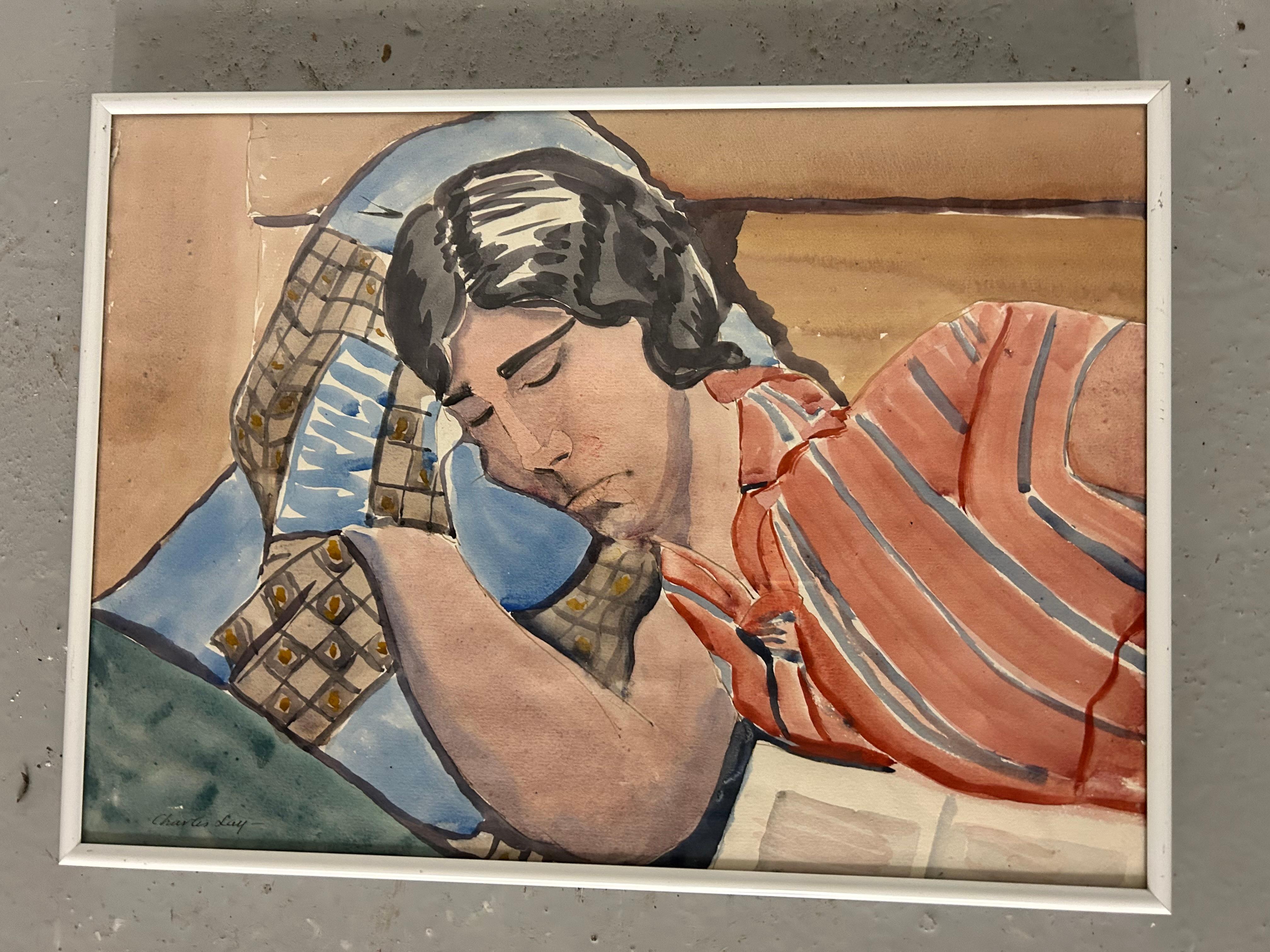 Watercolor on paper of woman with finger curled hair napping by Charles Downing Lay, signed Charles Lay. Circa 1925. Silver metal frame has a few small marks on edges. Charles Lay was a prominent American landscape architect whose major projects