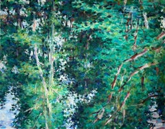 Retro "Clear Reflections" Charles DuBack, Green Landscape, Pond, Sky, Forest
