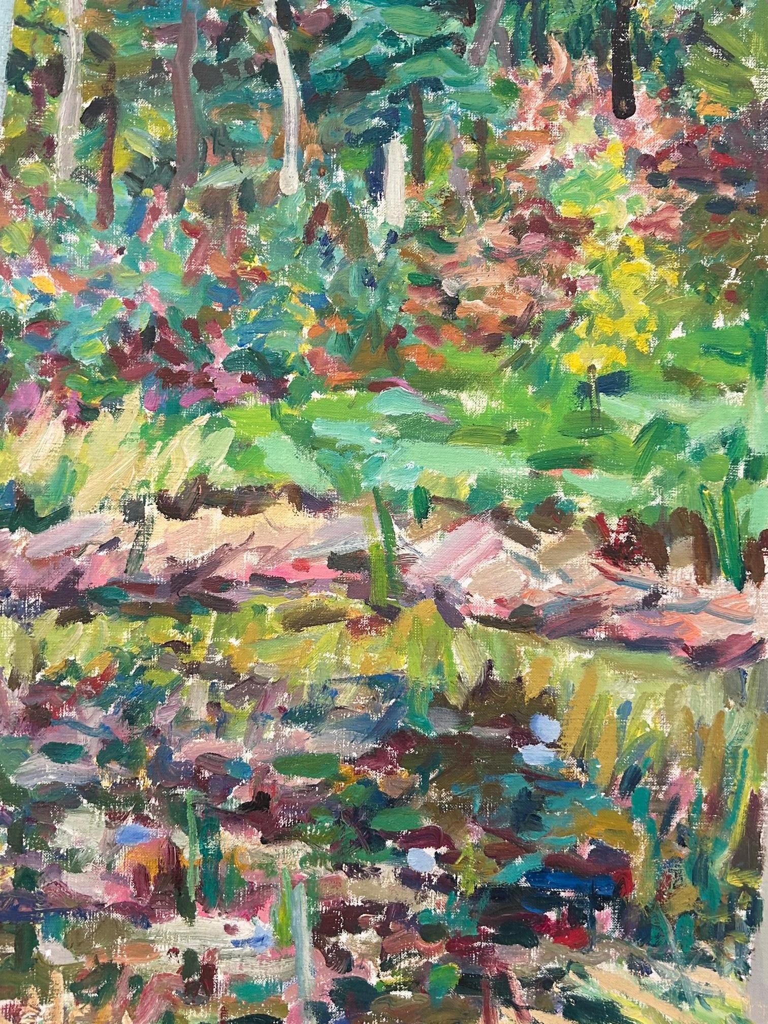 Landscape Painting Charles DuBack - Charles Du Back, décoratif vert avec étang et forêt, moderne