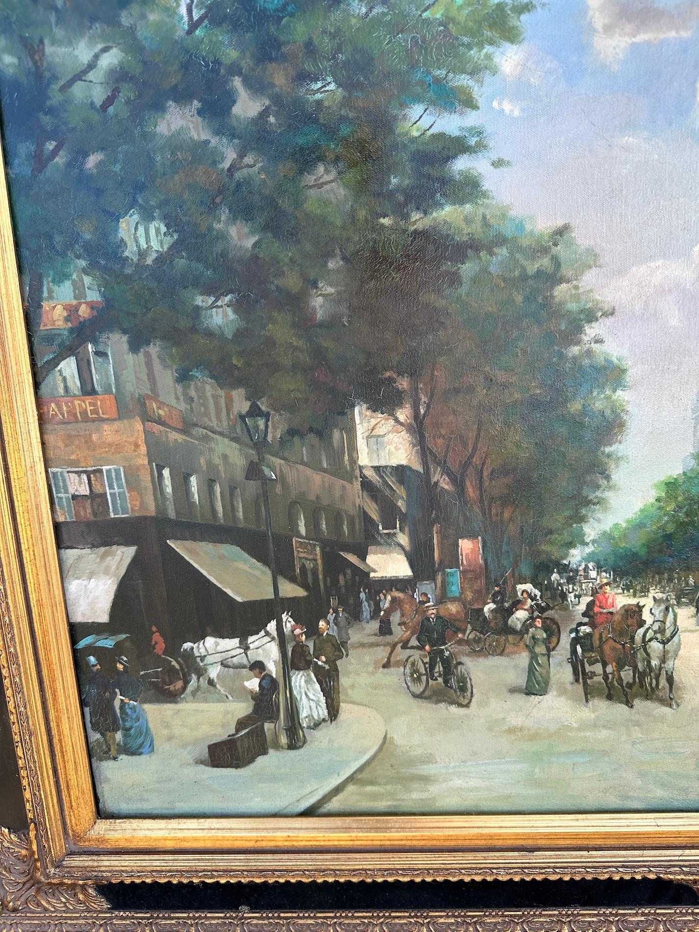 Este vibrante cuadro impresionista francés del siglo XX de Charles Ducant capta el encanto intemporal de una bulliciosa escena callejera parisina, sumergiendo al espectador en el encanto y la energía de la emblemática capital de Francia. Con su