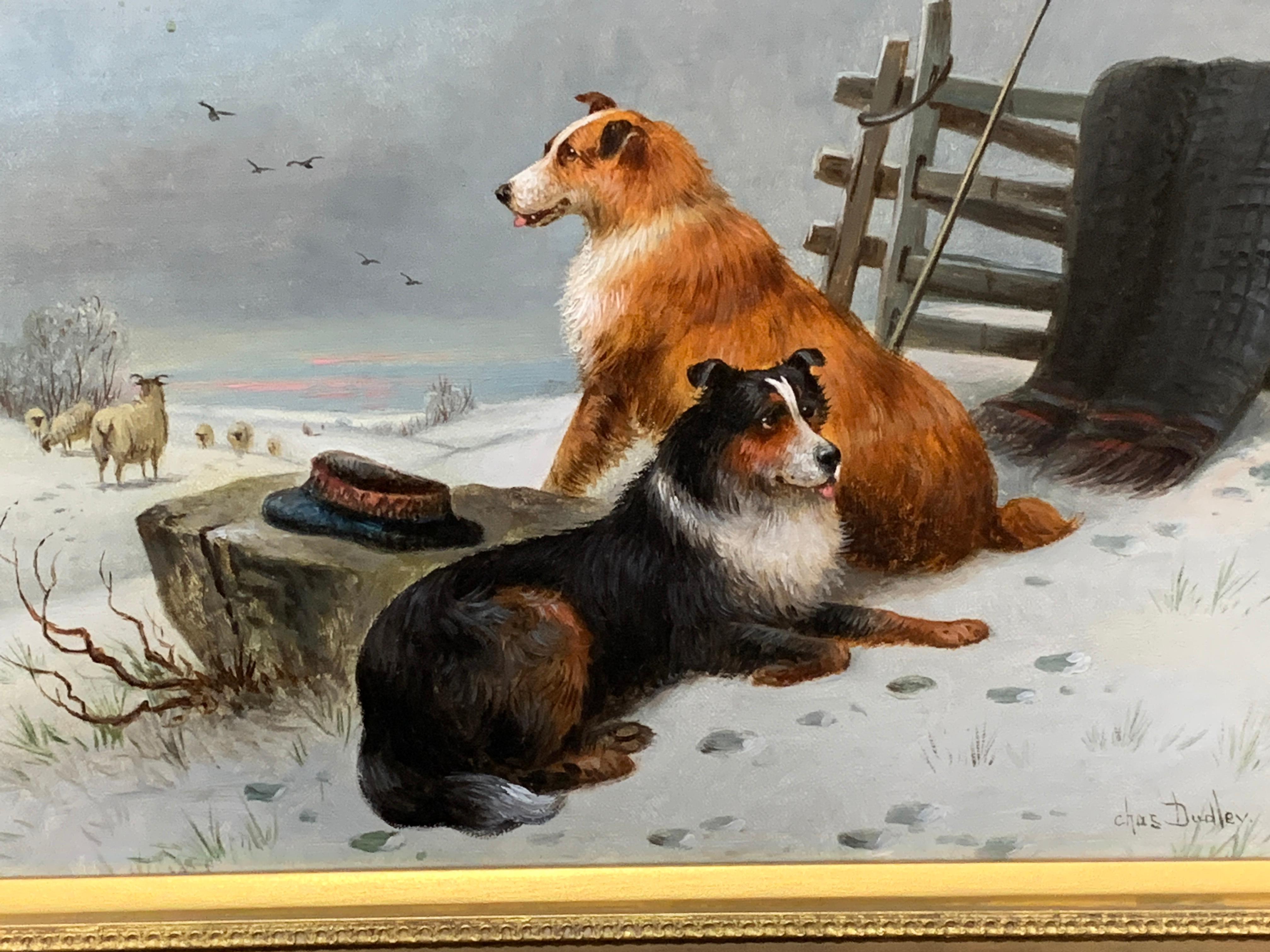 19th century Scottish winter landscape oil, with two Border Collies and sheep - Painting by Charles Dudley