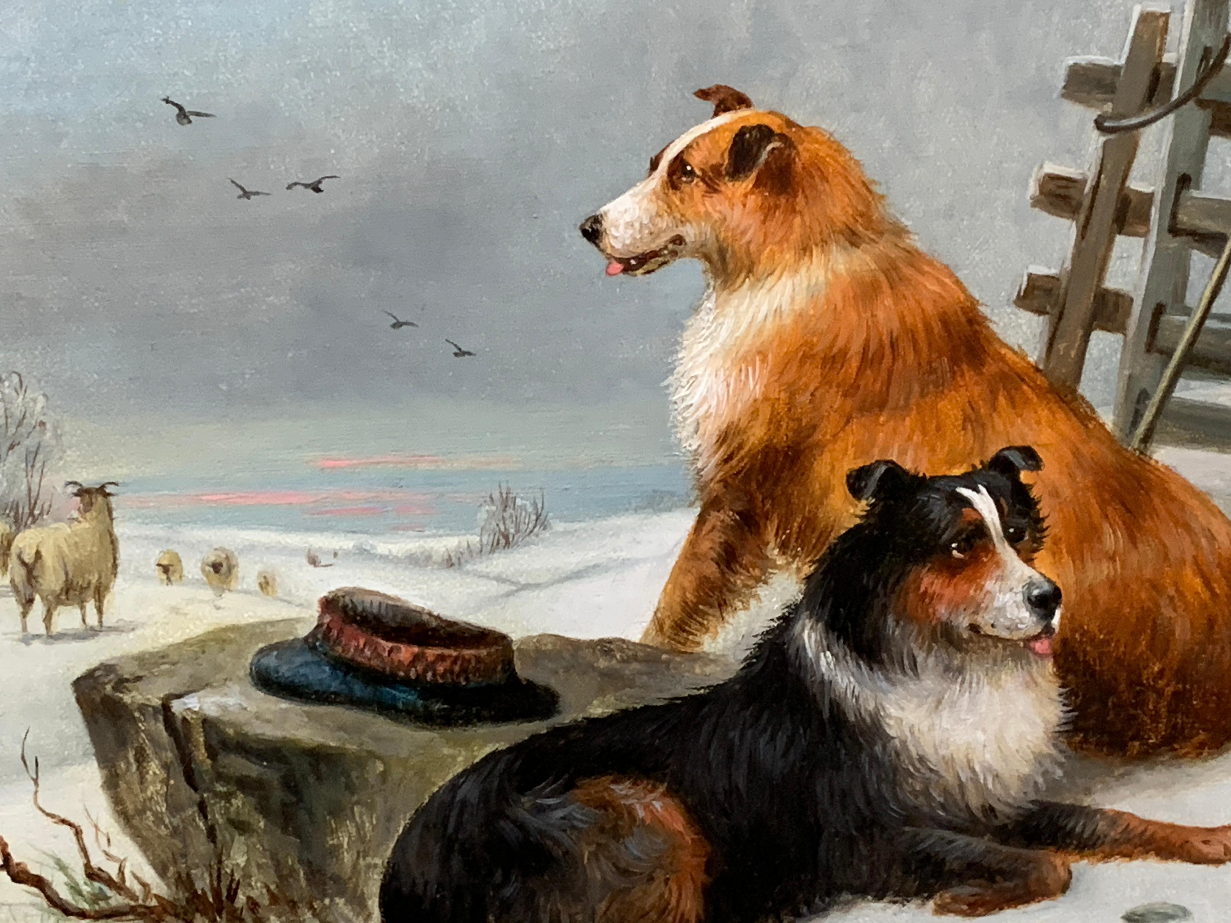 huile de paysage d'hiver écossais du 19ème siècle:: avec deux Border Collies et des moutons - Beige Animal Painting par Charles Dudley