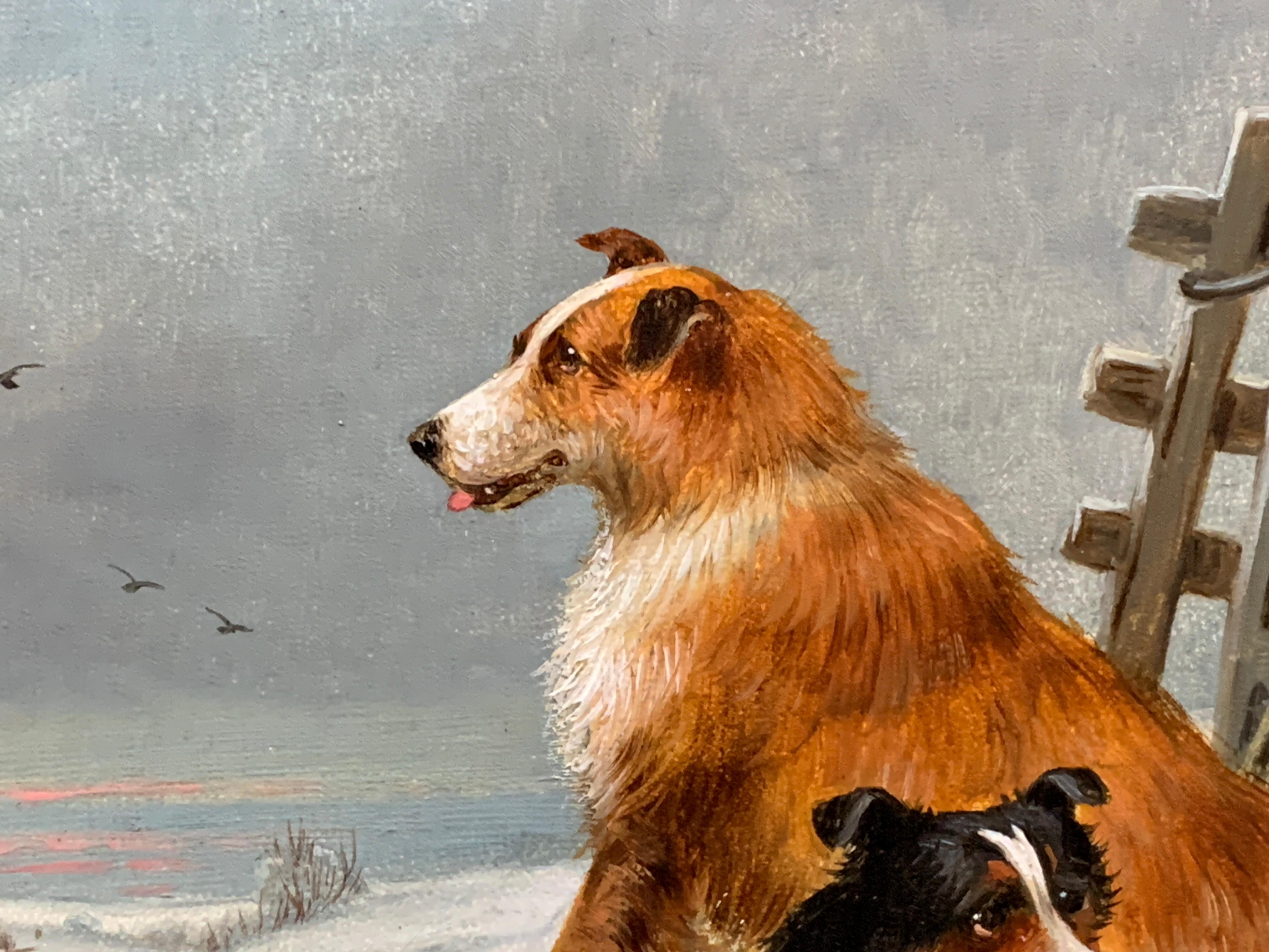 huile de paysage d'hiver écossais du 19ème siècle:: avec deux Border Collies et des moutons 1